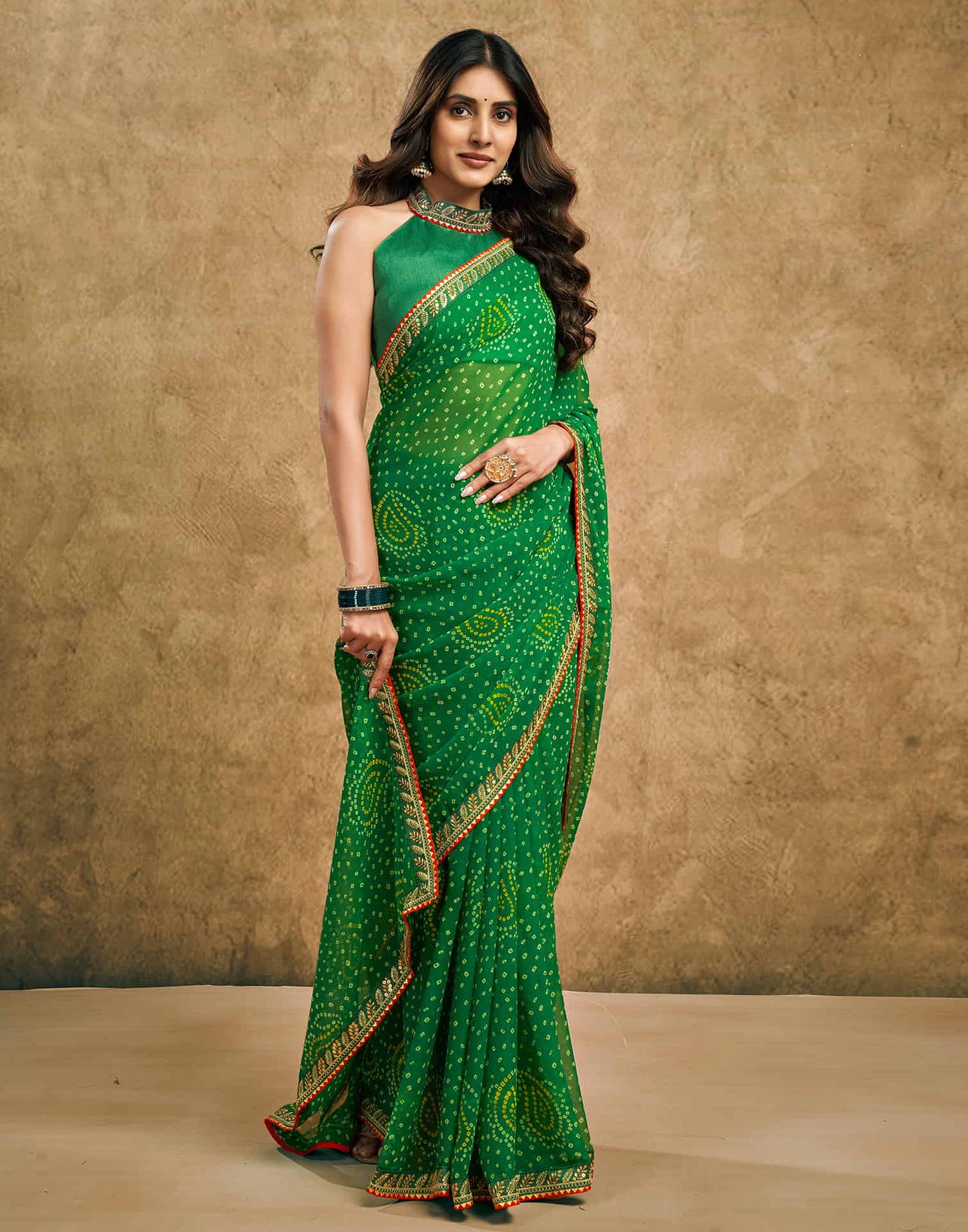 Green Georgette Printed Bandhani Saree