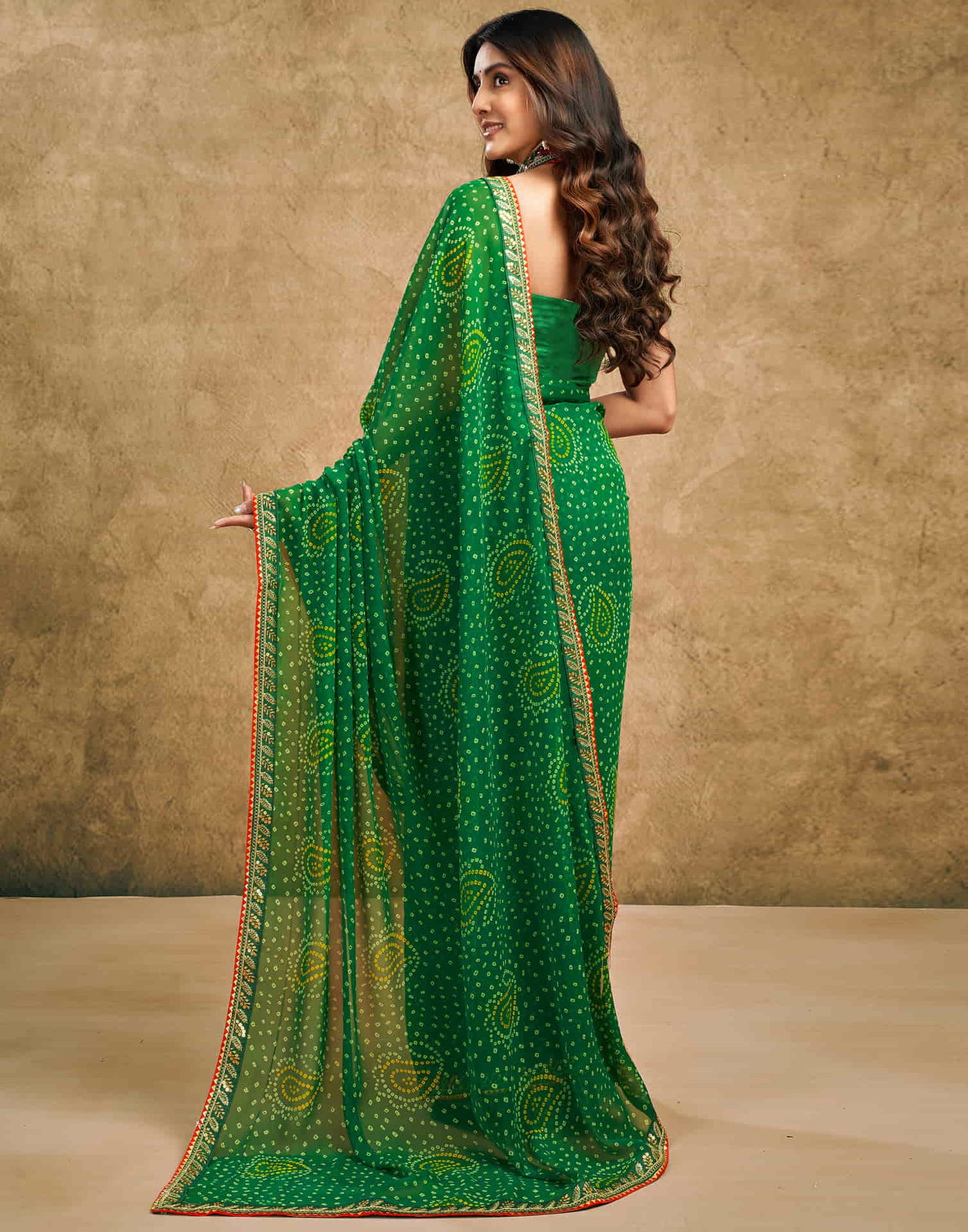 Green Georgette Printed Bandhani Saree