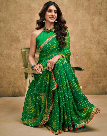 Green Georgette Printed Bandhani Saree