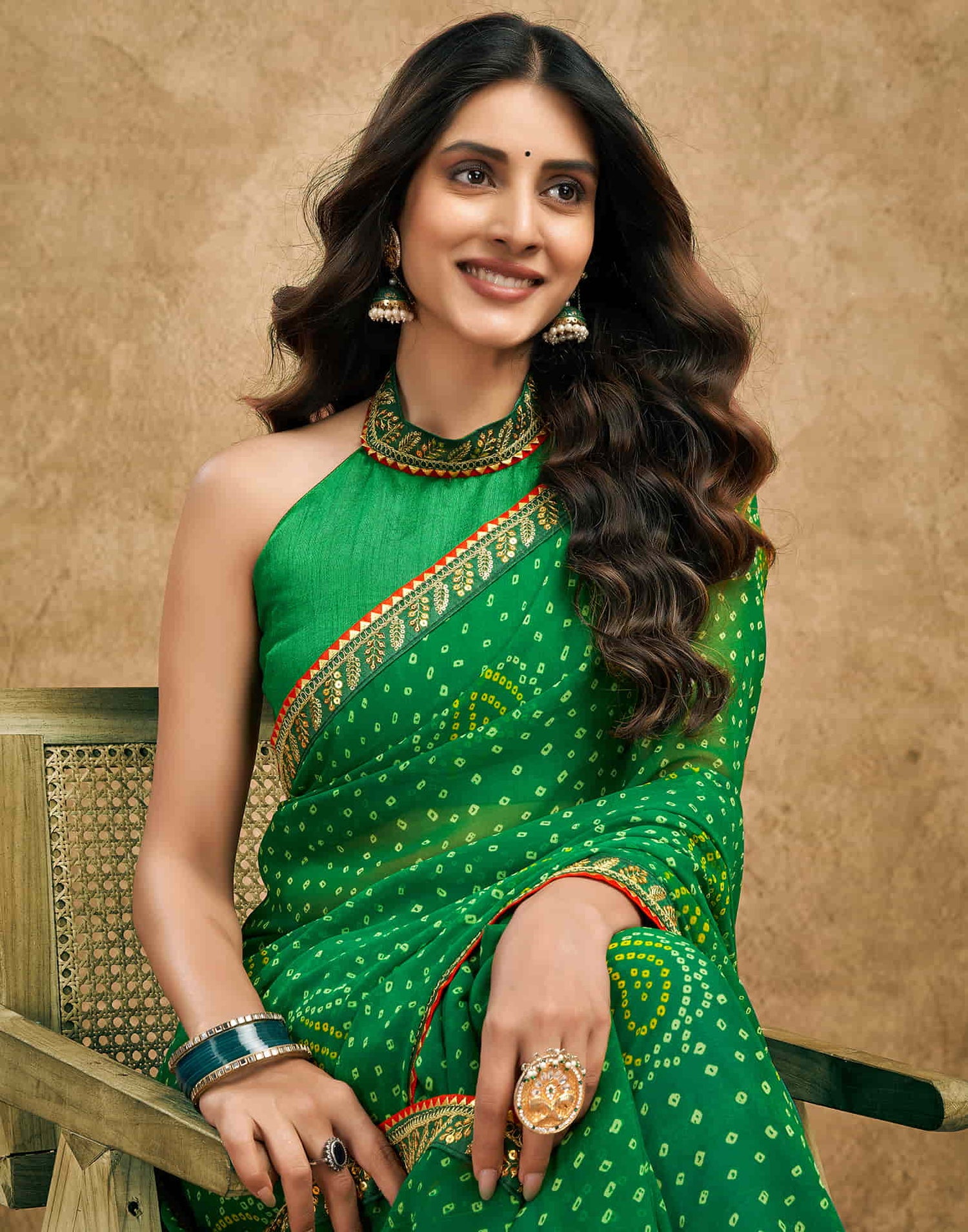 Green Georgette Printed Bandhani Saree