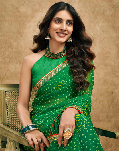 Green Georgette Printed Bandhani Saree