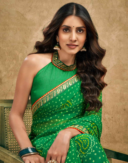 Green Georgette Printed Bandhani Saree