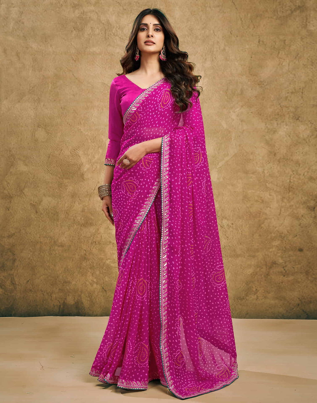 Pink Georgette Printed Bandhani Saree