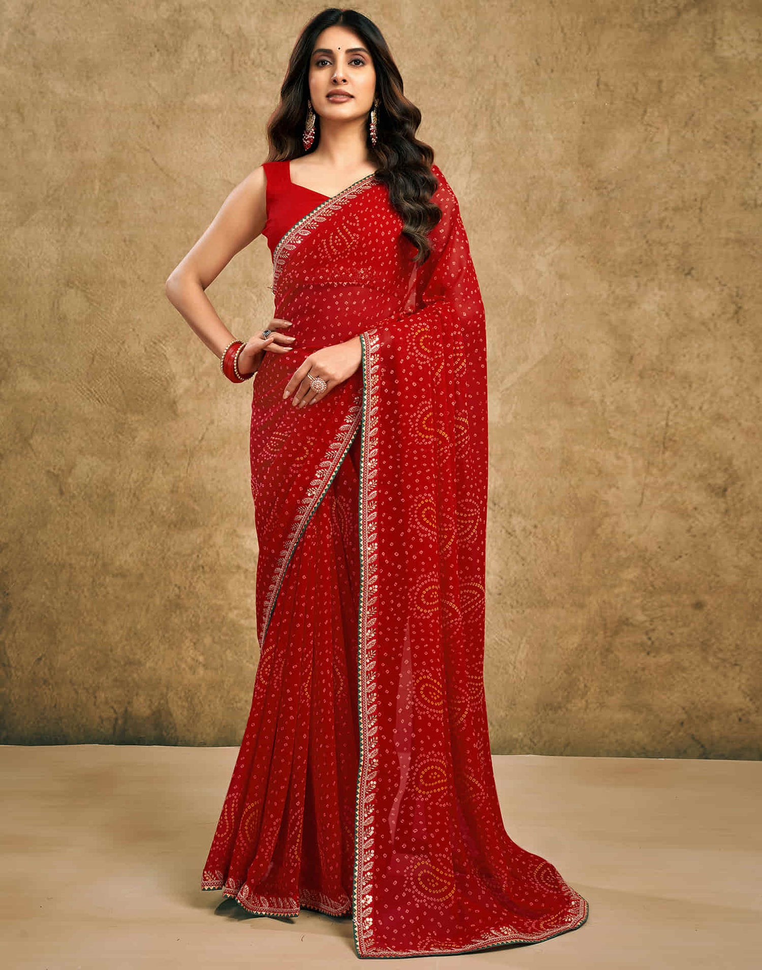 Red Georgette Printed Bandhani Saree