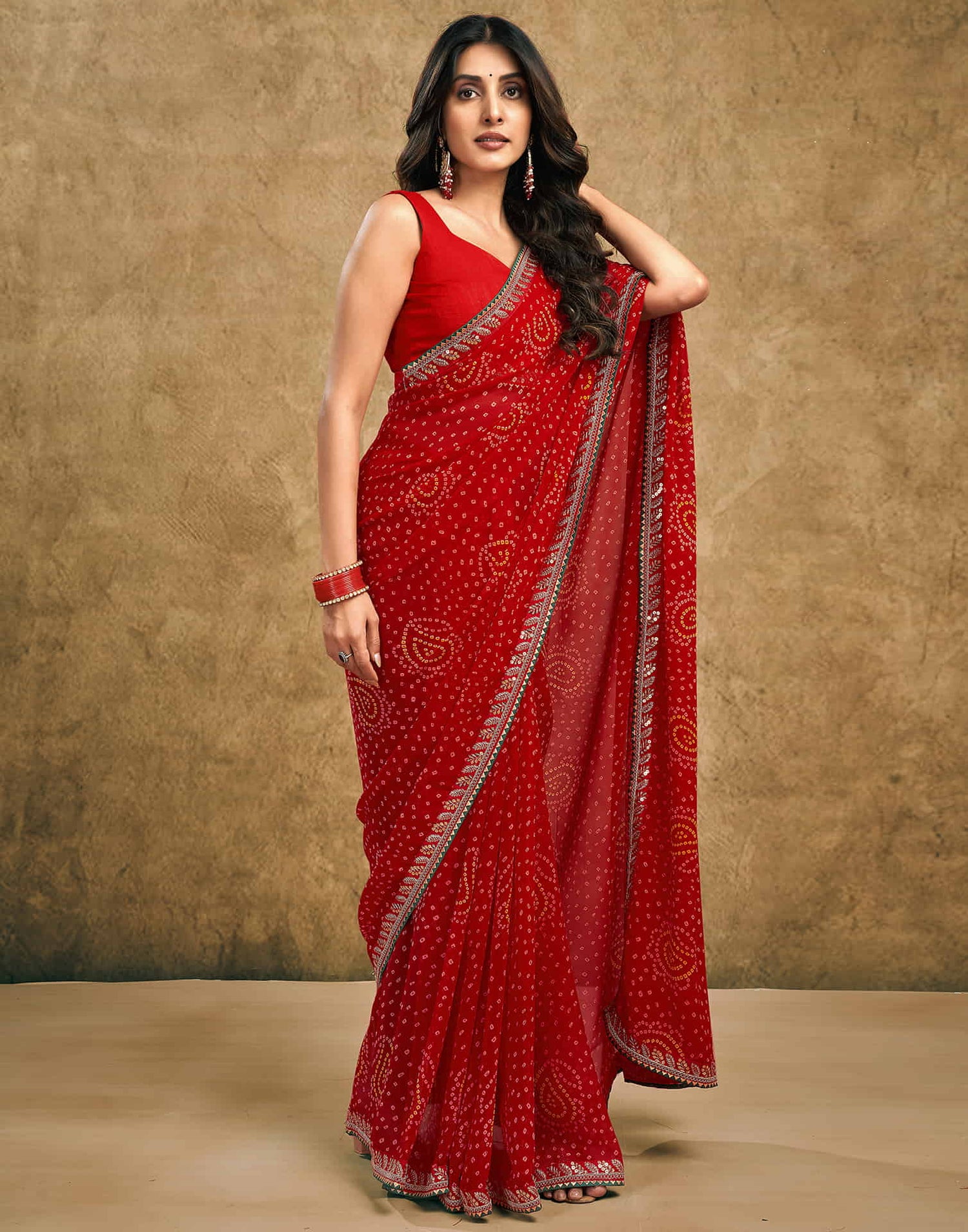 Red Georgette Printed Bandhani Saree