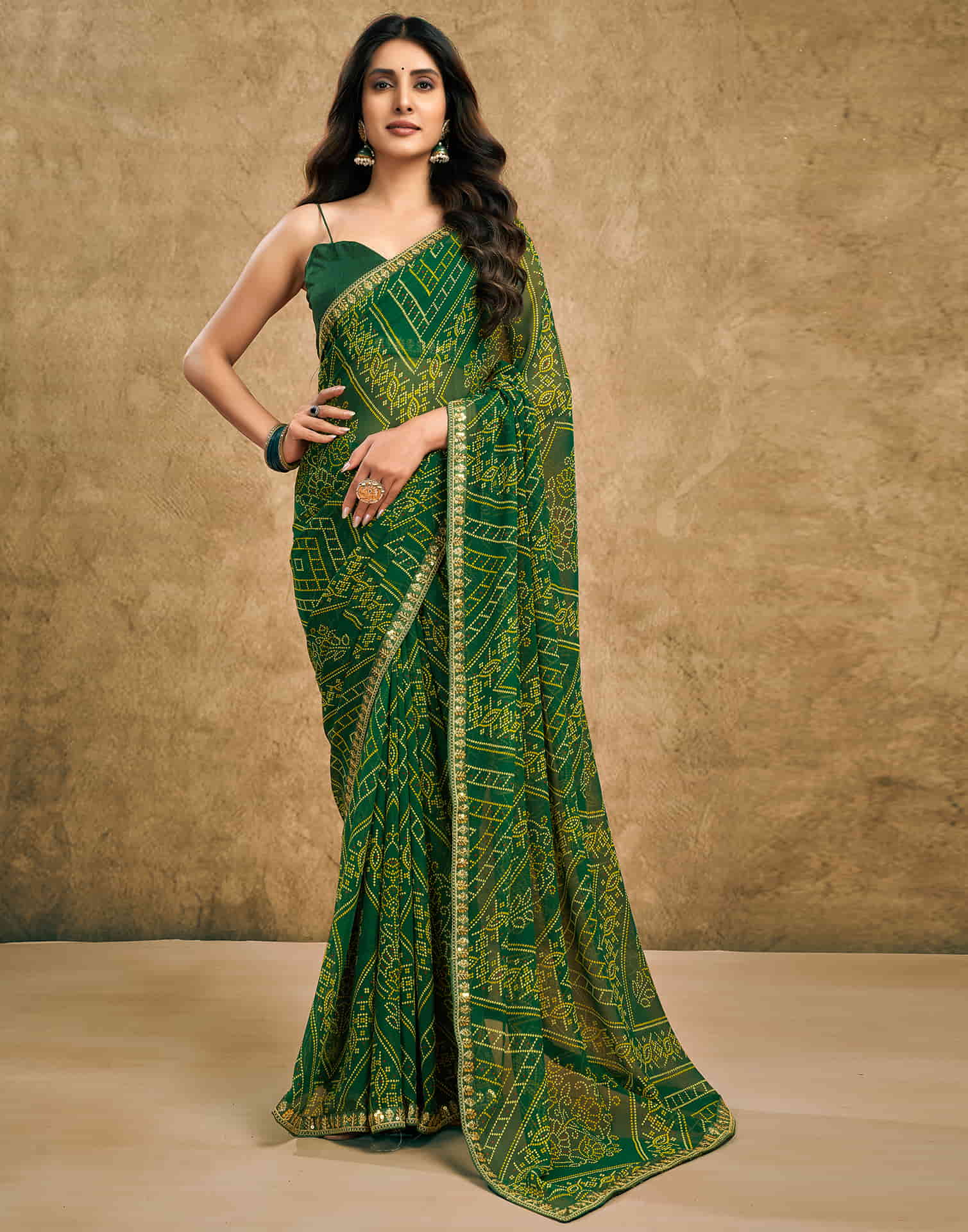 Green Georgette Printed Bandhani Saree