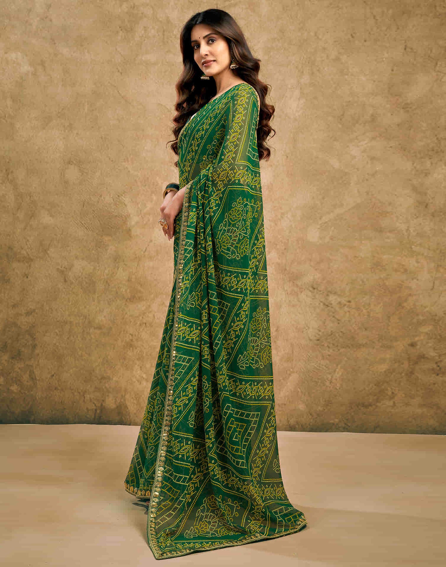 Green Georgette Printed Bandhani Saree