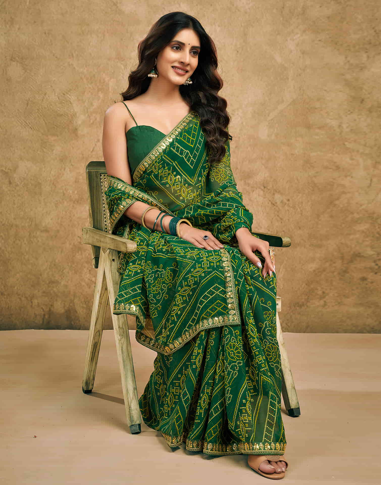 Green Georgette Printed Bandhani Saree