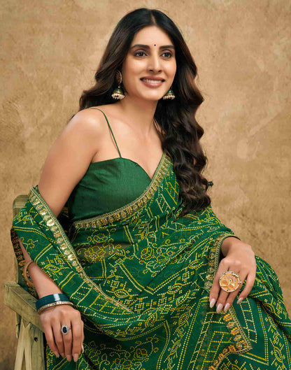 Green Georgette Printed Bandhani Saree