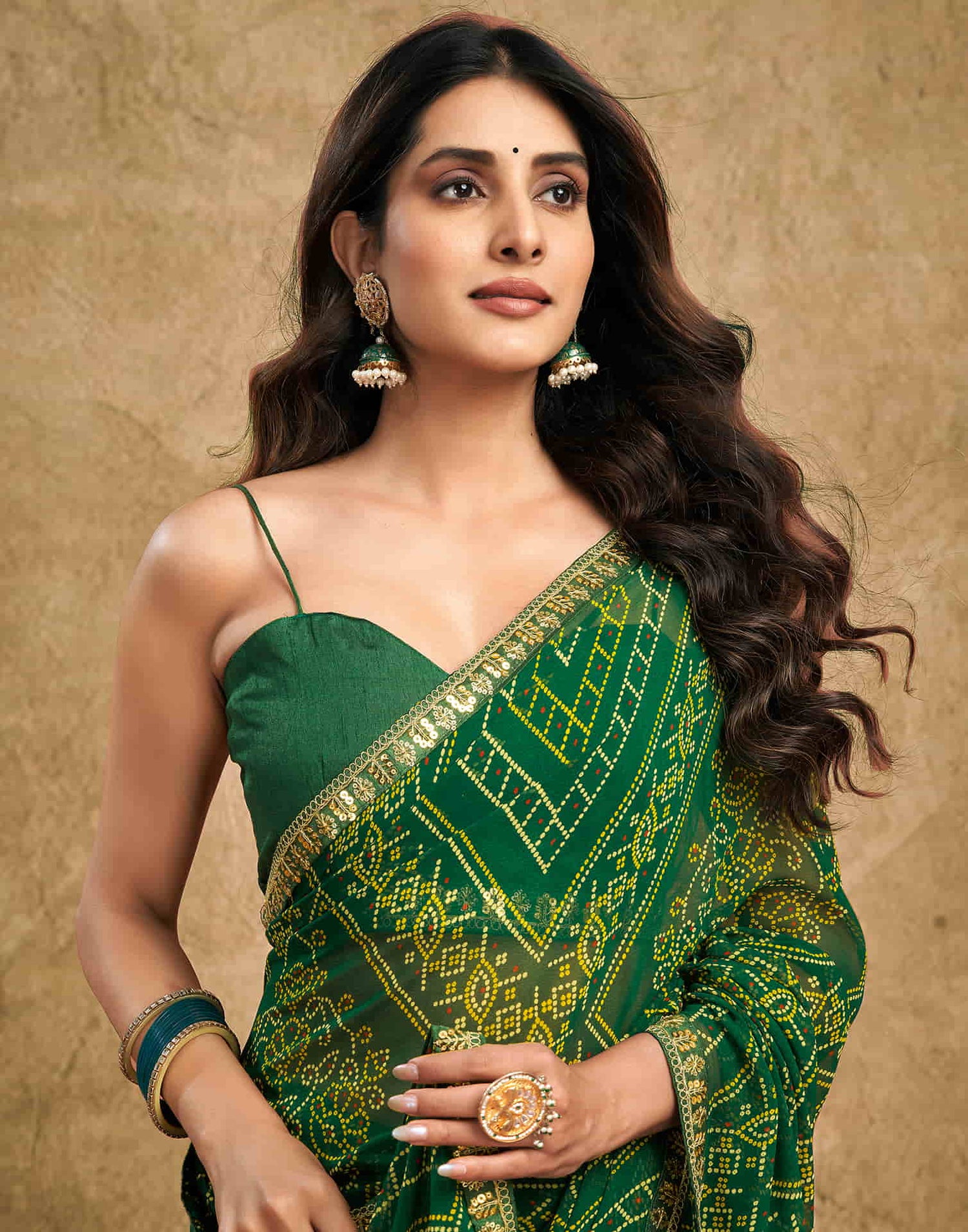 Green Georgette Printed Bandhani Saree