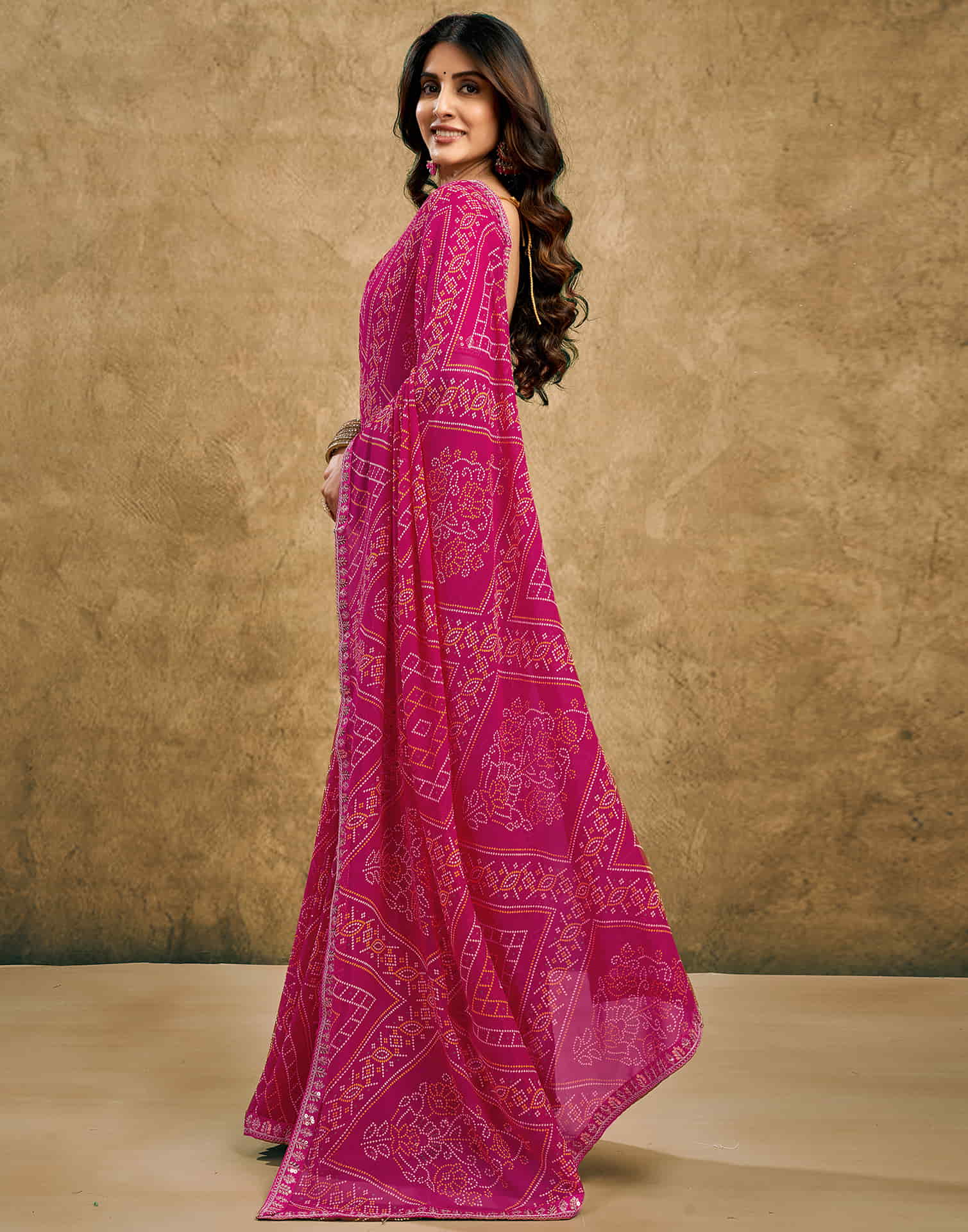 Pink Georgette Printed Bandhani Saree