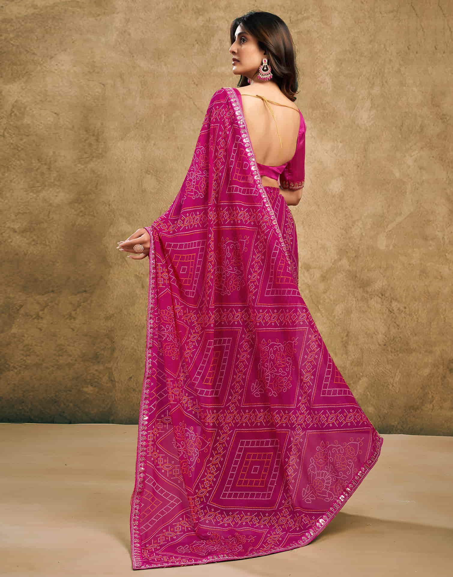 Pink Georgette Printed Bandhani Saree