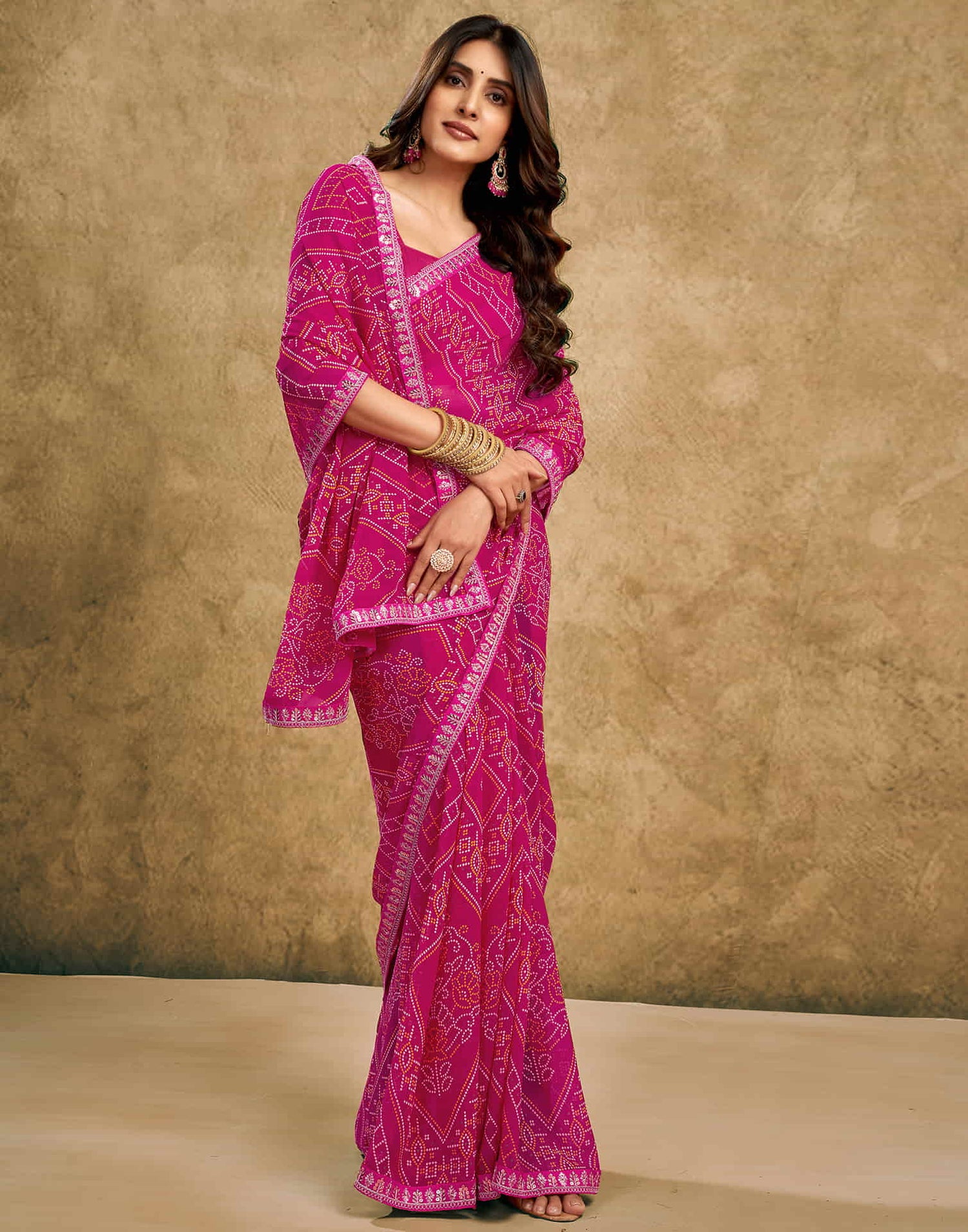 Pink Georgette Printed Bandhani Saree