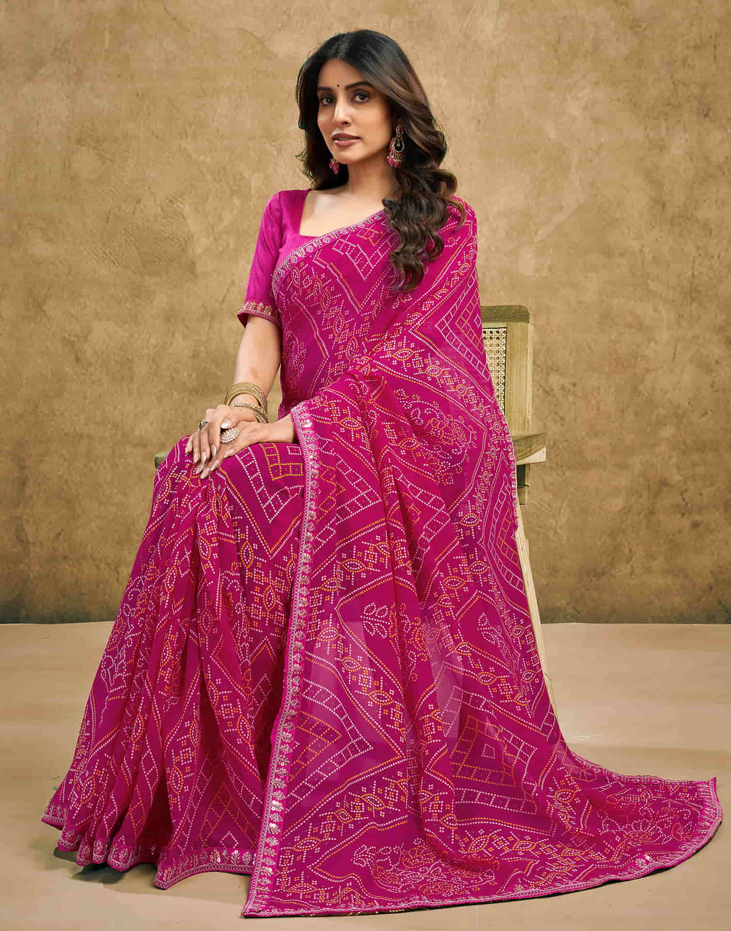 Pink Georgette Printed Bandhani Saree