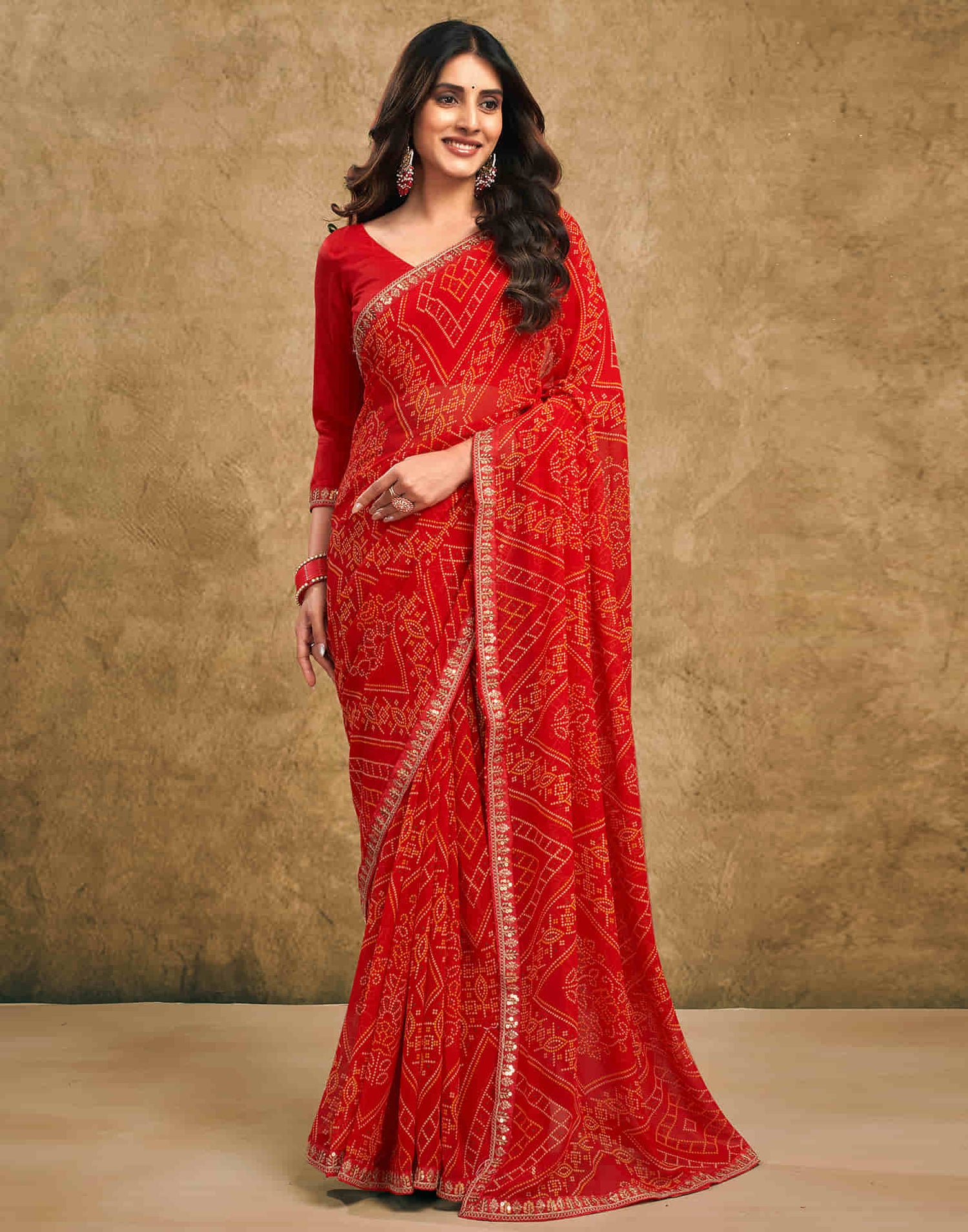 Red Georgette Printed Bandhani Saree