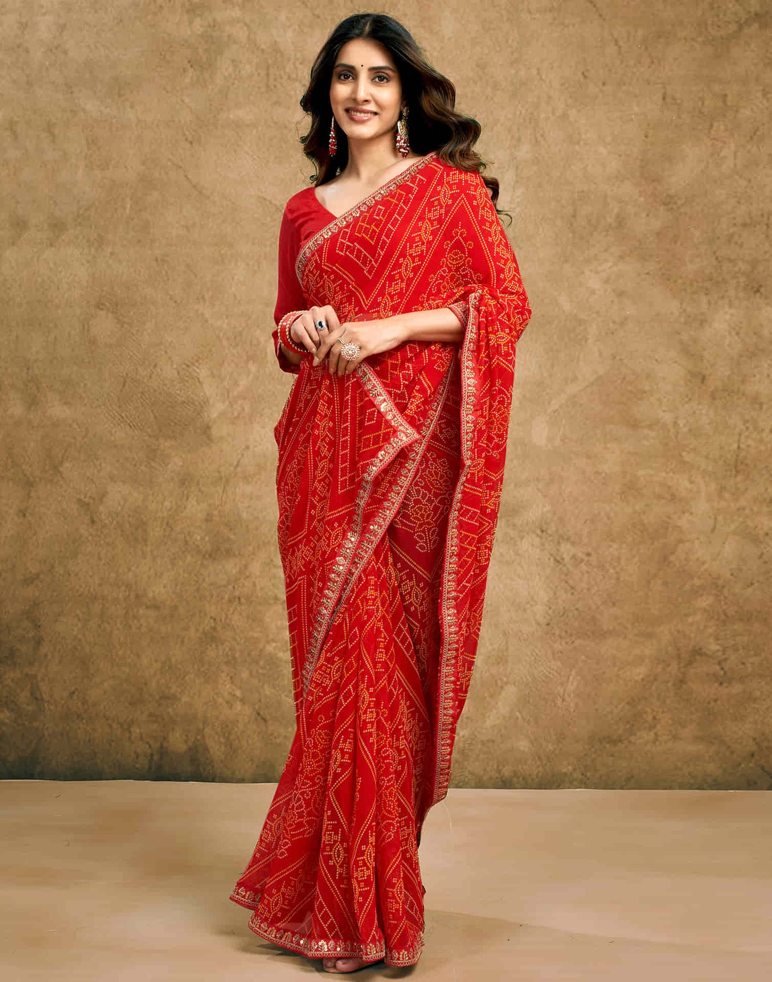 Red Georgette Printed Bandhani Saree