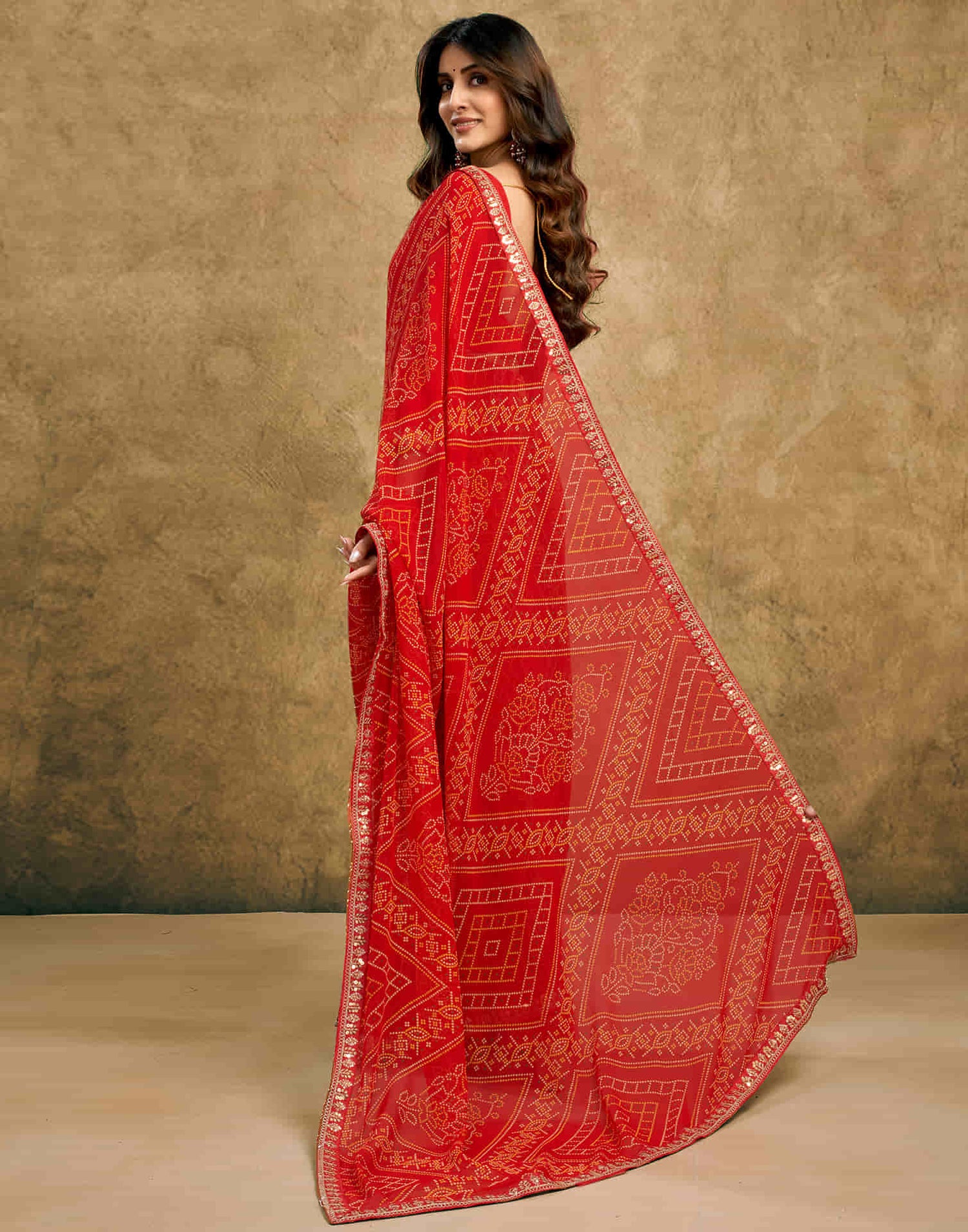 Red Georgette Printed Bandhani Saree