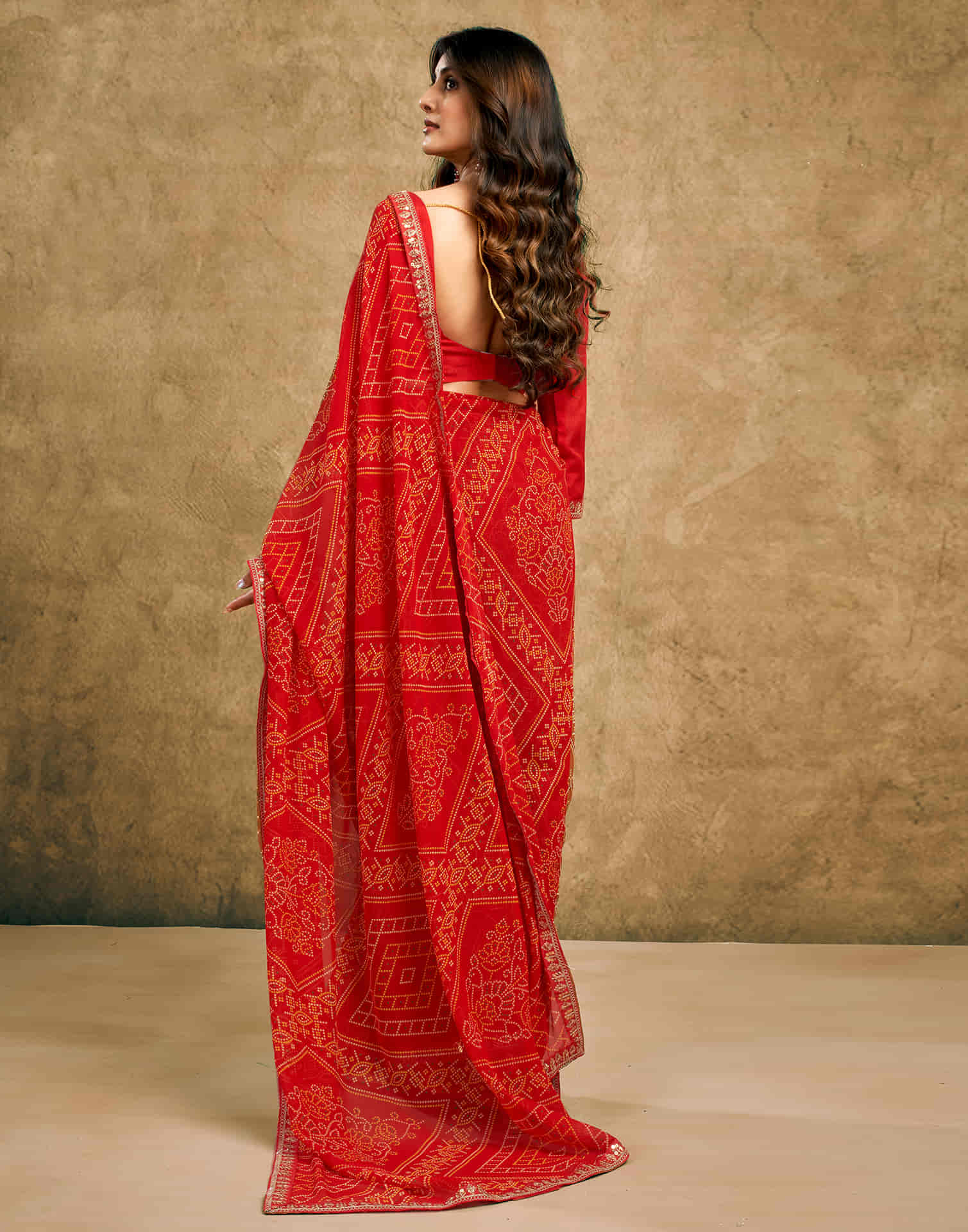 Red Georgette Printed Bandhani Saree