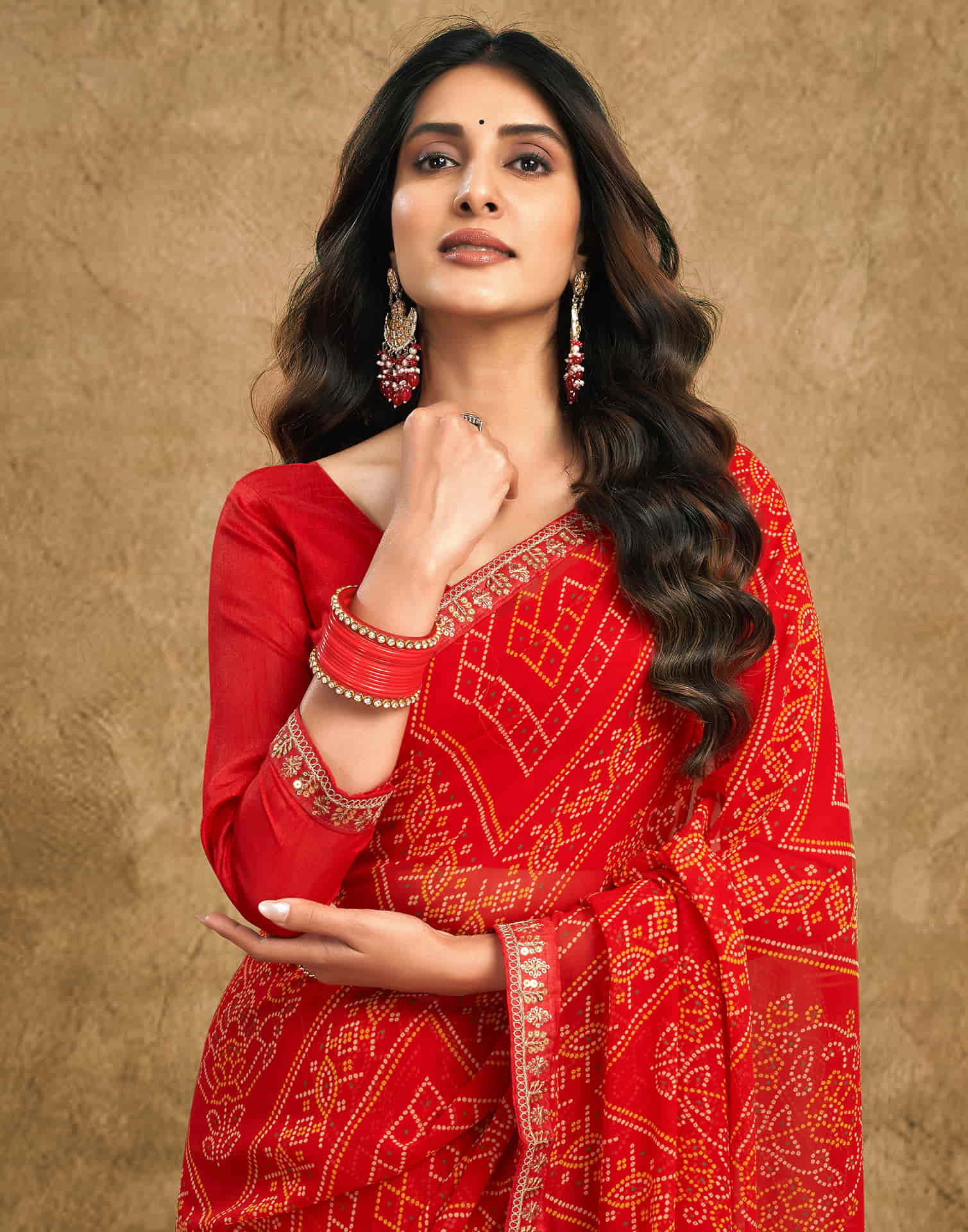 Red Georgette Printed Bandhani Saree