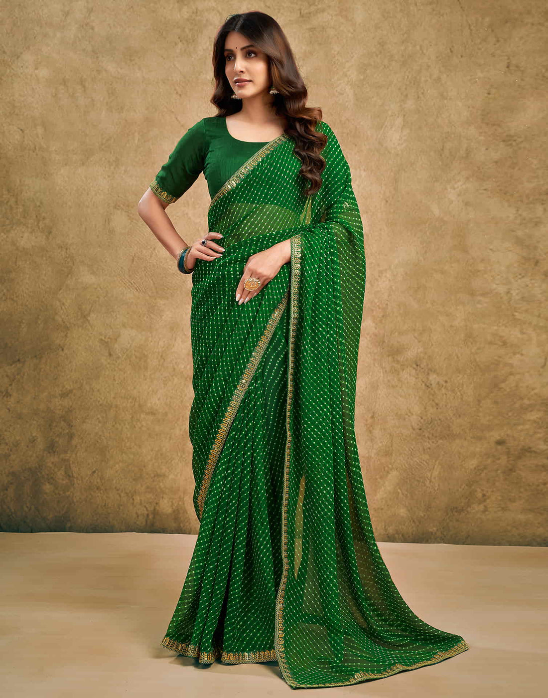 Green Georgette Printed Leheriya Saree