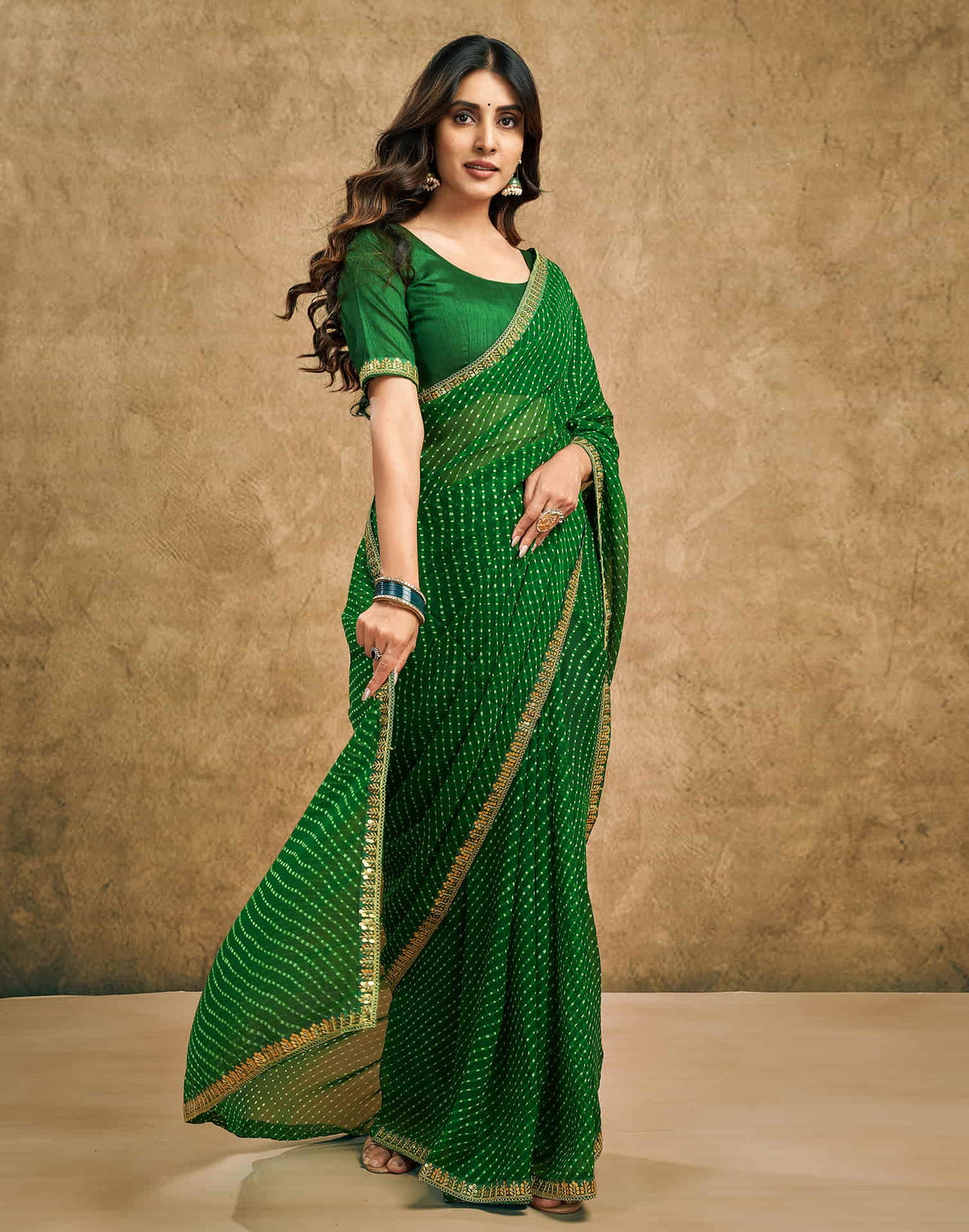 Green Georgette Printed Leheriya Saree