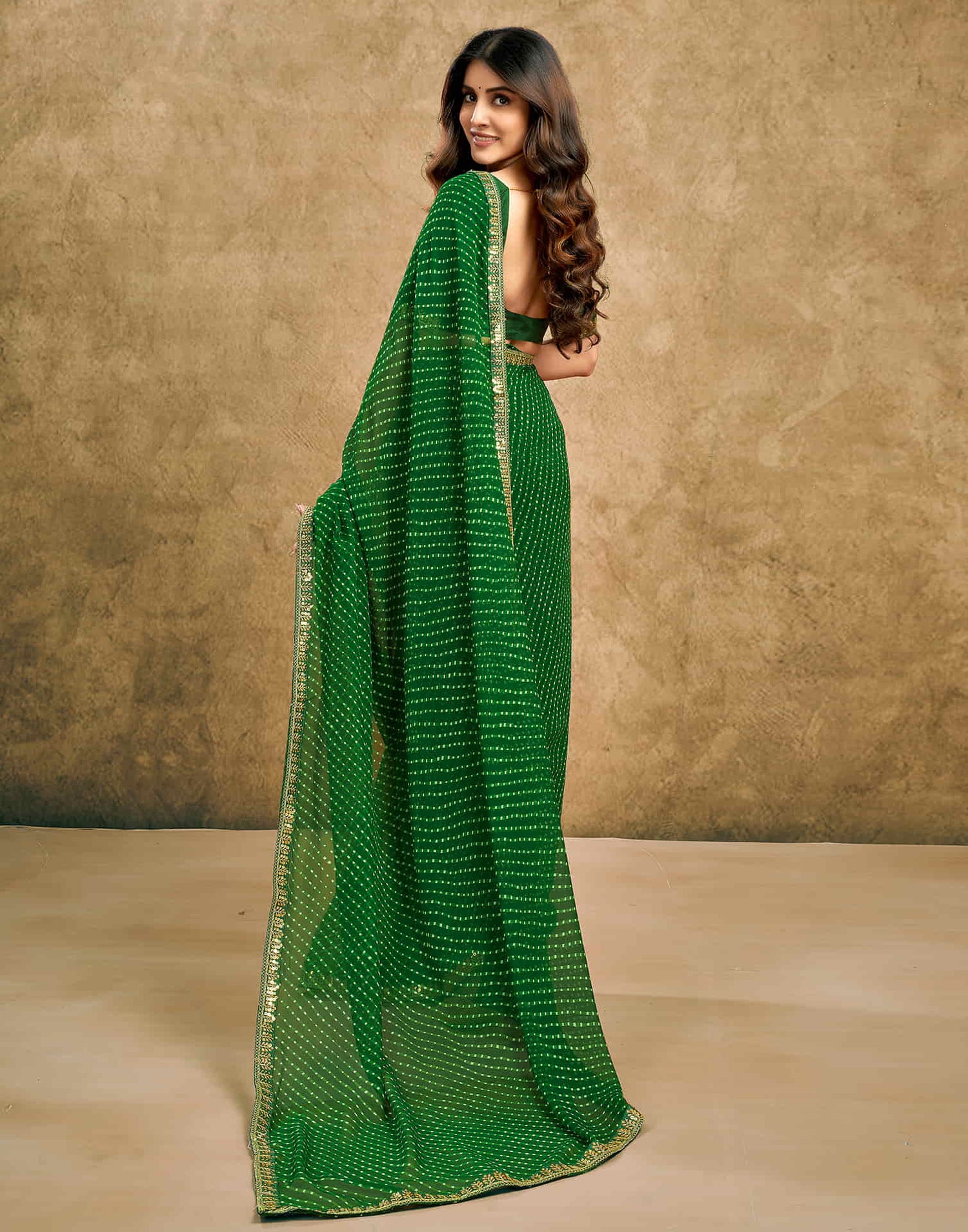 Green Georgette Printed Leheriya Saree