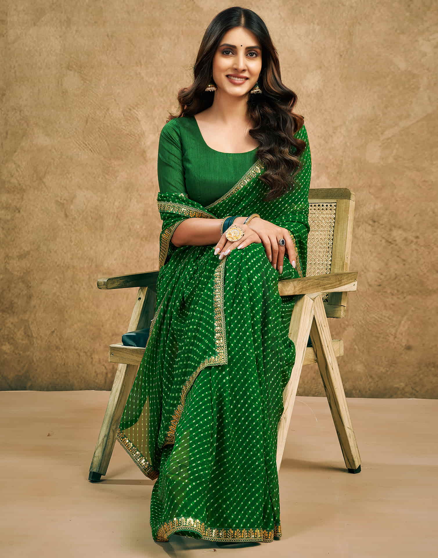 Green Georgette Printed Leheriya Saree