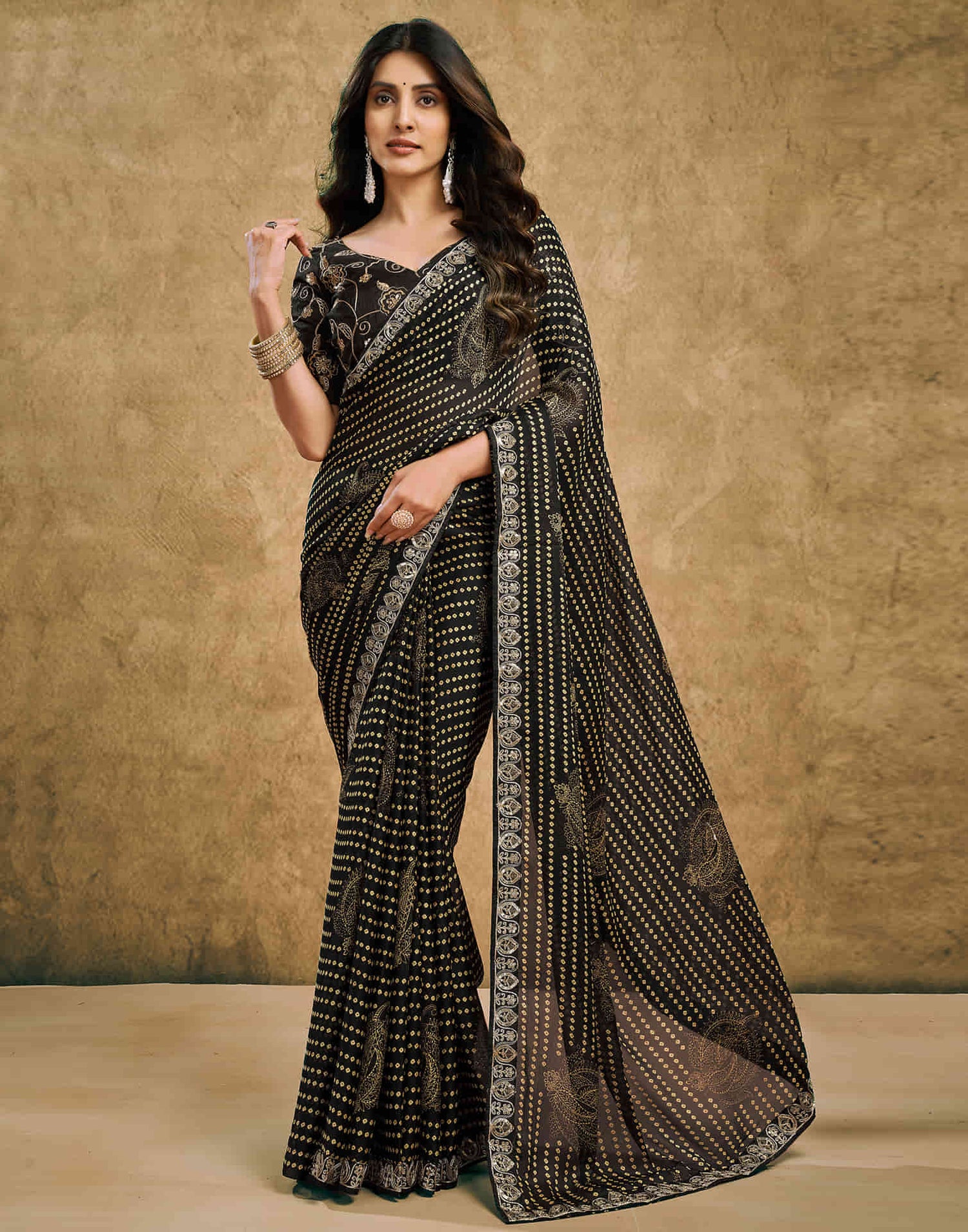 Black Chiffon Printed Bandhani Saree