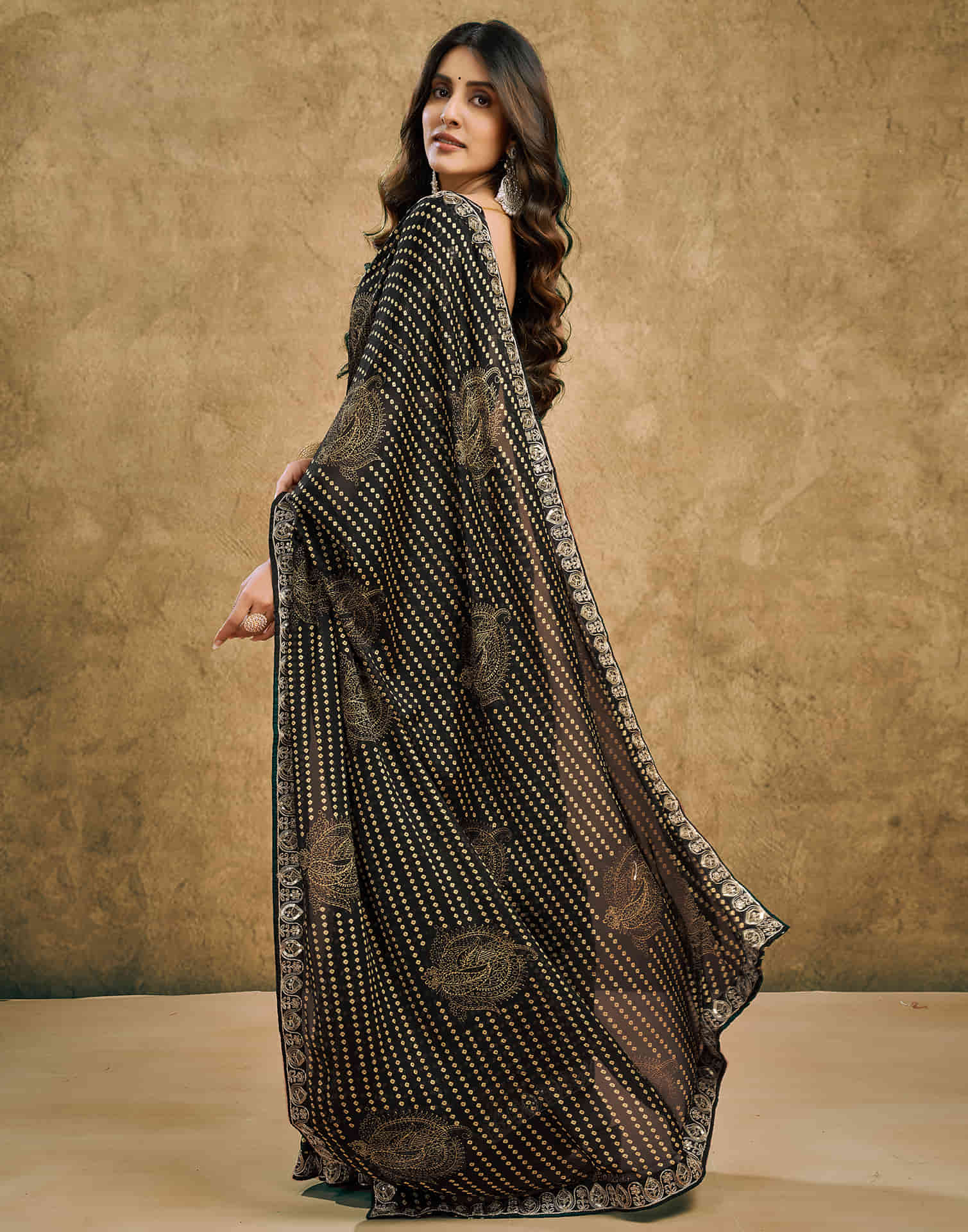 Black Chiffon Printed Bandhani Saree