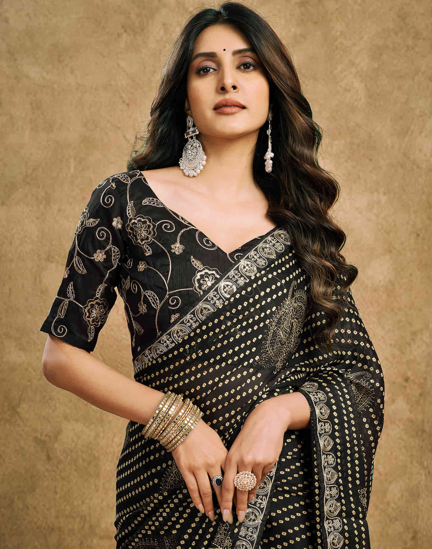 Black Chiffon Printed Bandhani Saree