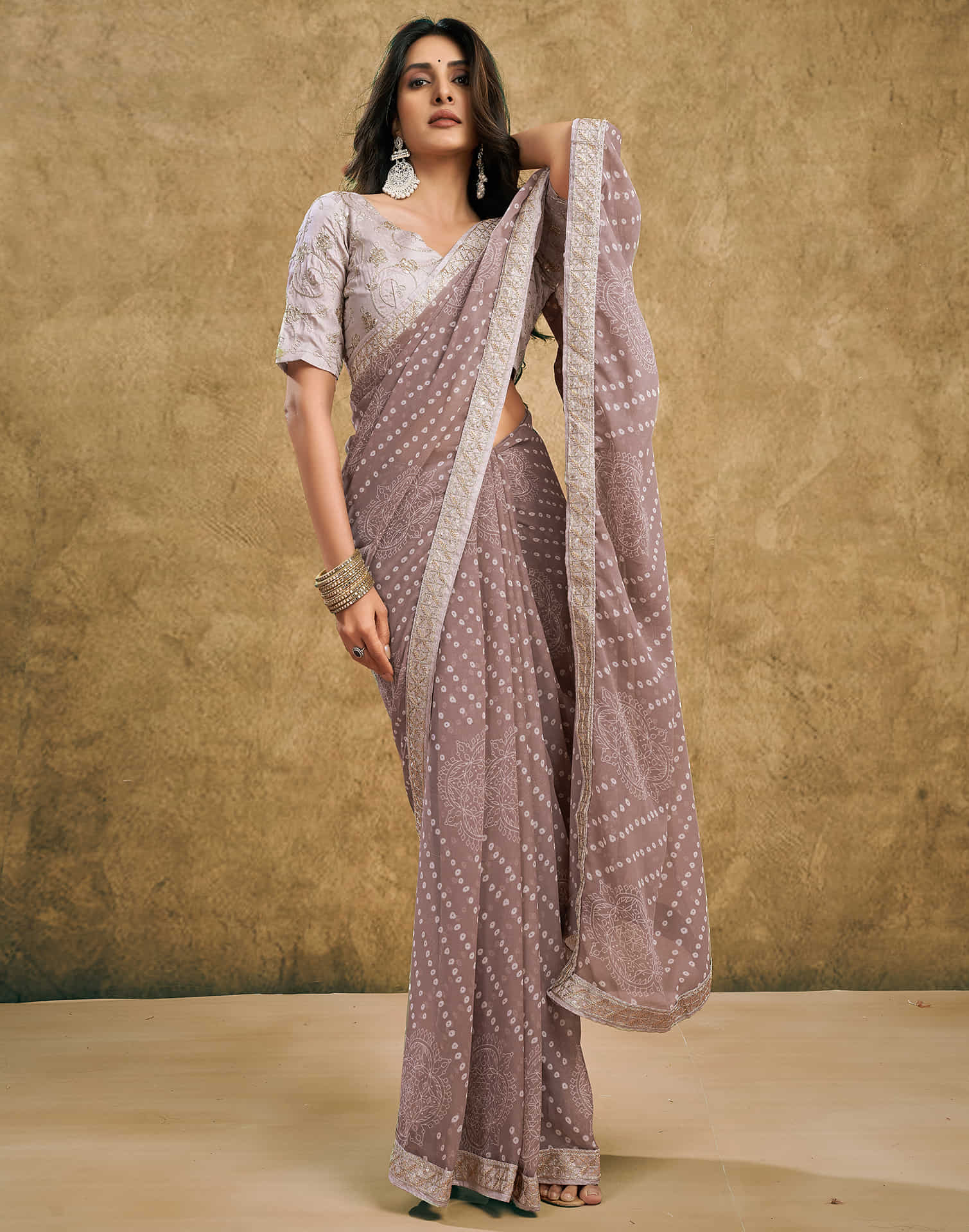 Mauve Georgette Printed Bandhani Saree