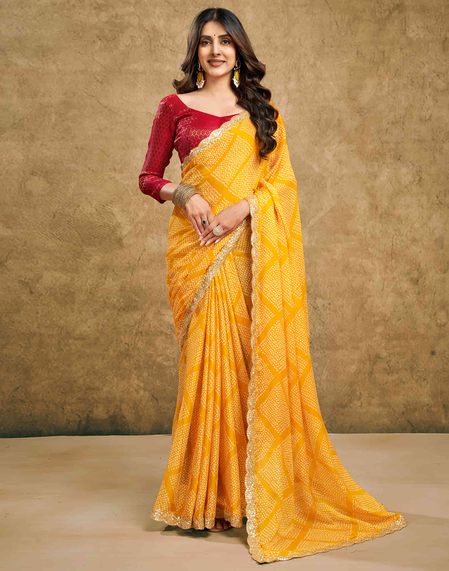 Yellow Chiffon Printed Bandhani Saree