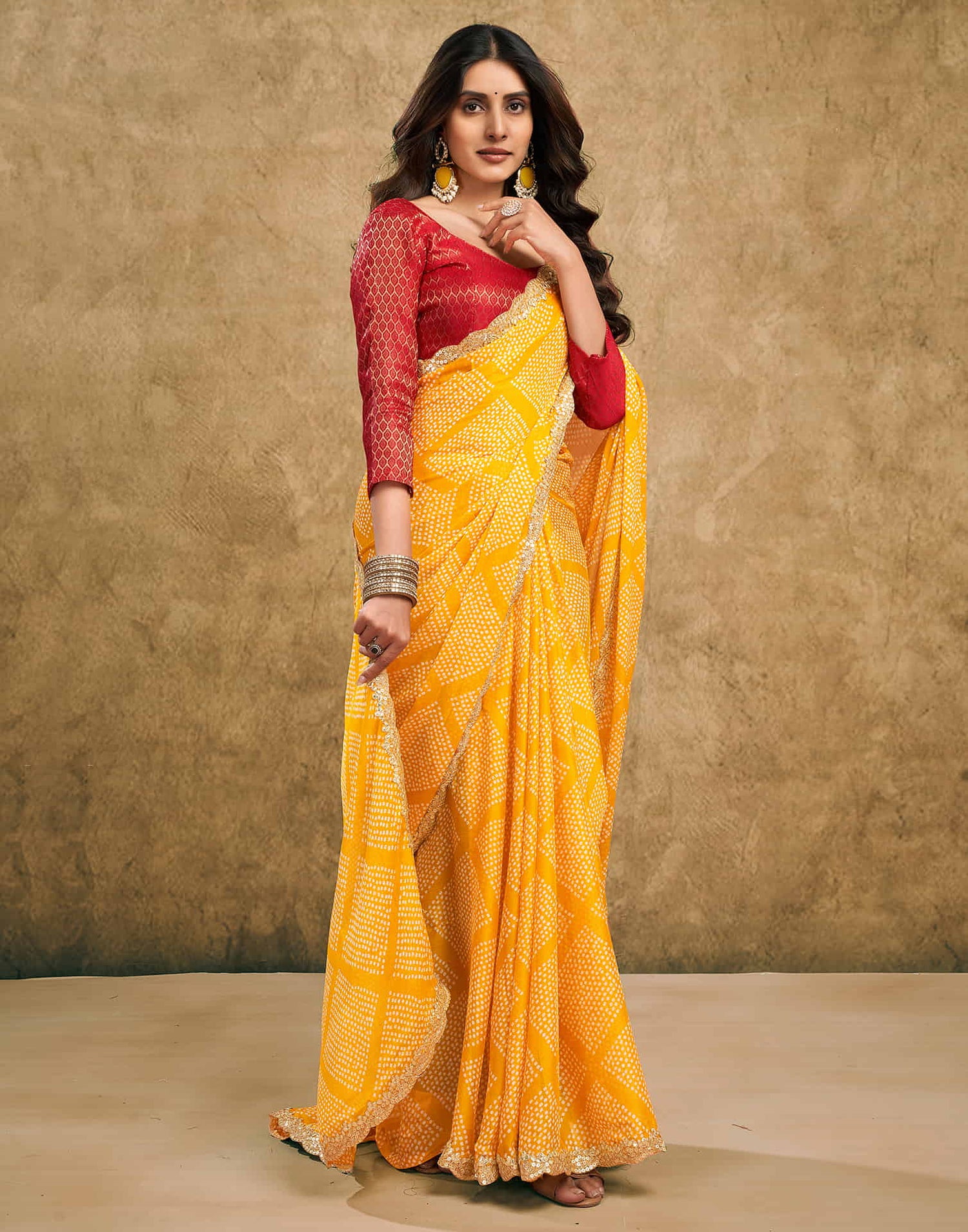 Yellow Chiffon Printed Bandhani Saree