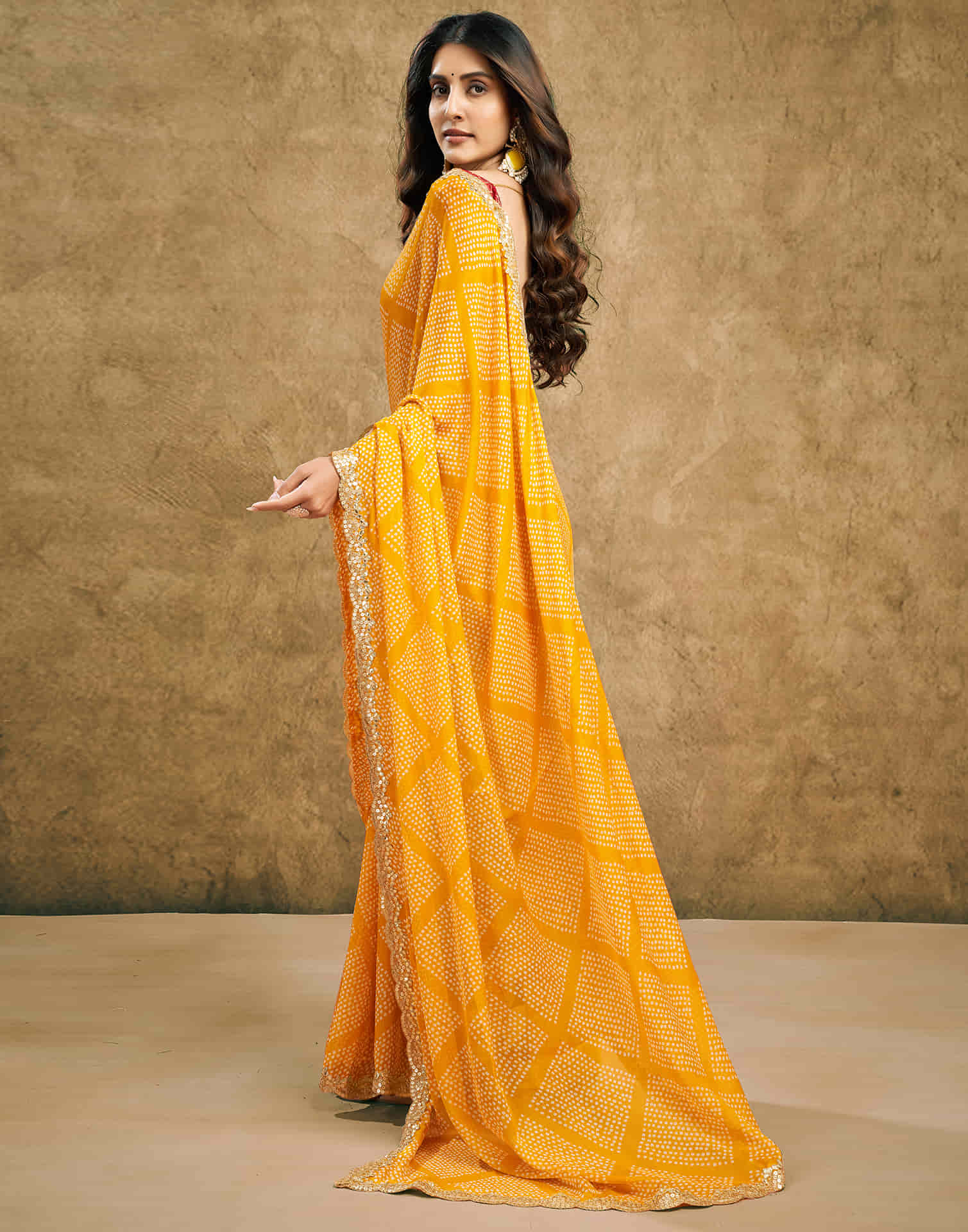 Yellow Chiffon Printed Bandhani Saree