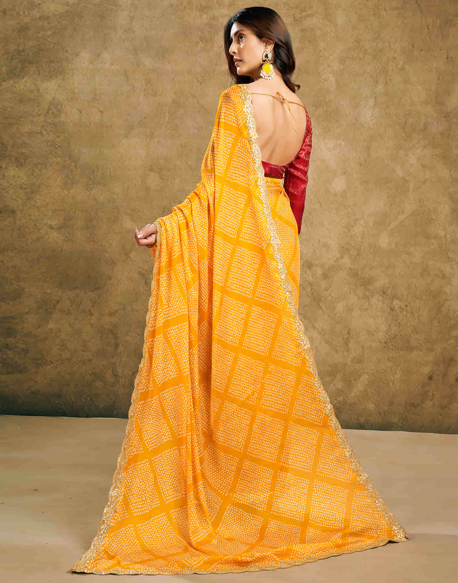 Yellow Chiffon Printed Bandhani Saree