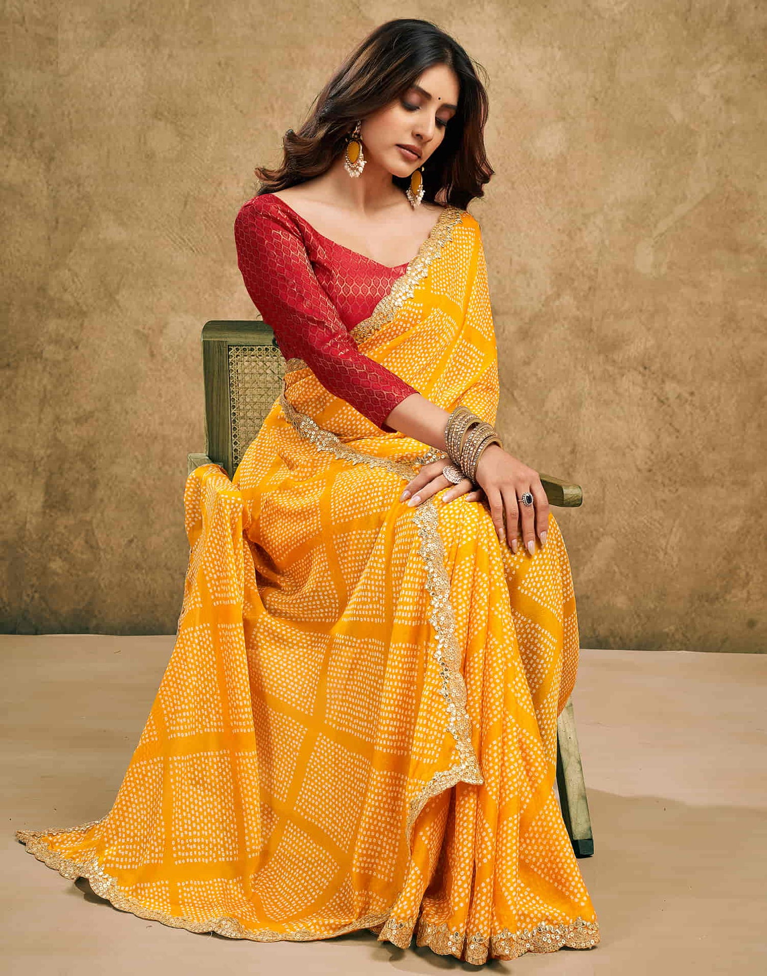 Yellow Chiffon Printed Bandhani Saree