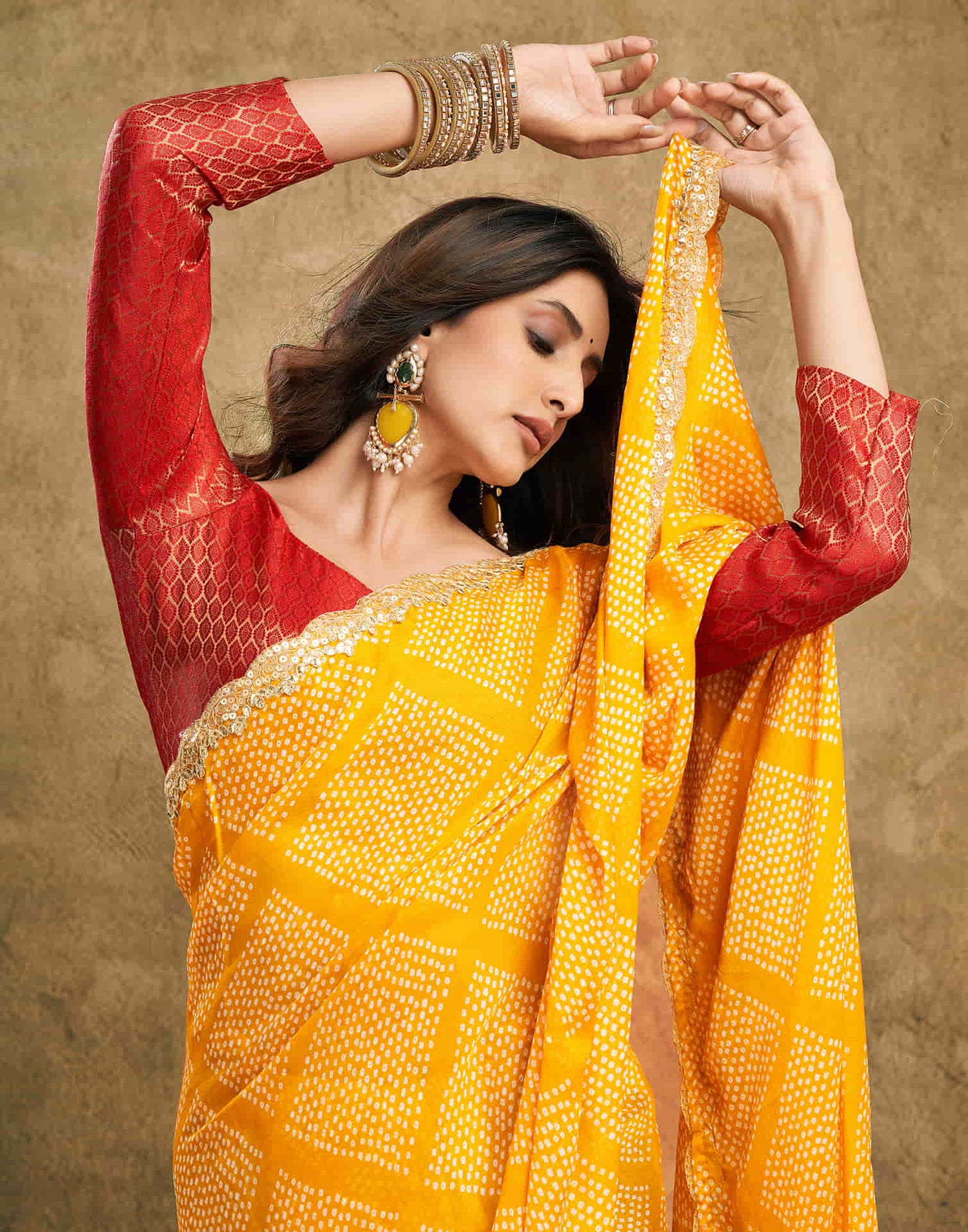 Yellow Chiffon Printed Bandhani Saree