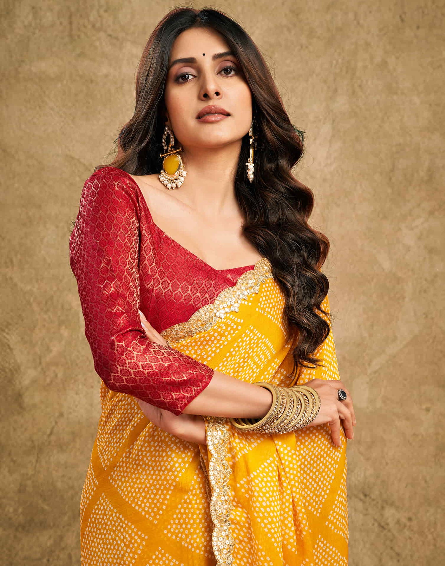 Yellow Chiffon Printed Bandhani Saree