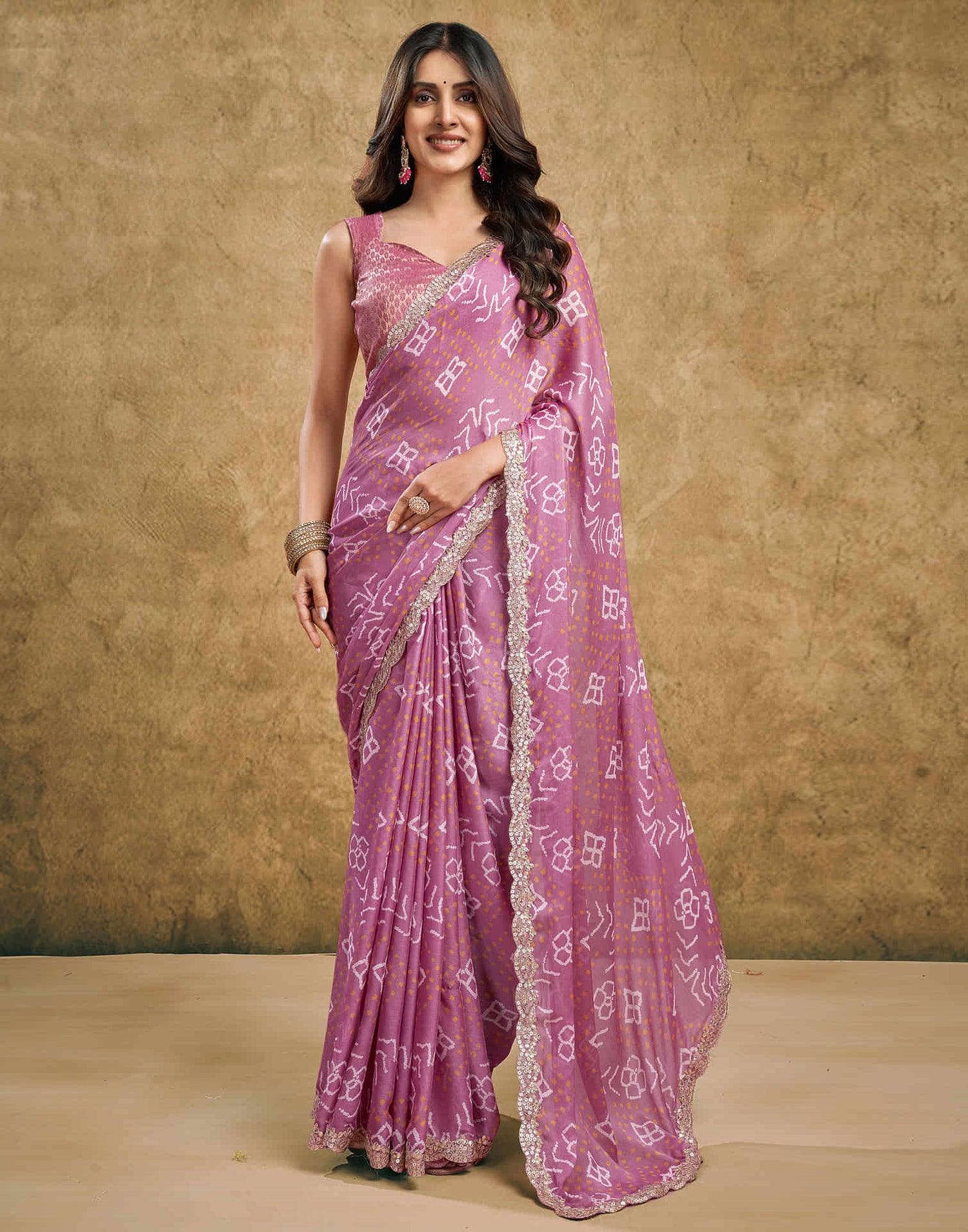 Dusty Pink Chiffon Printed Bandhani Saree