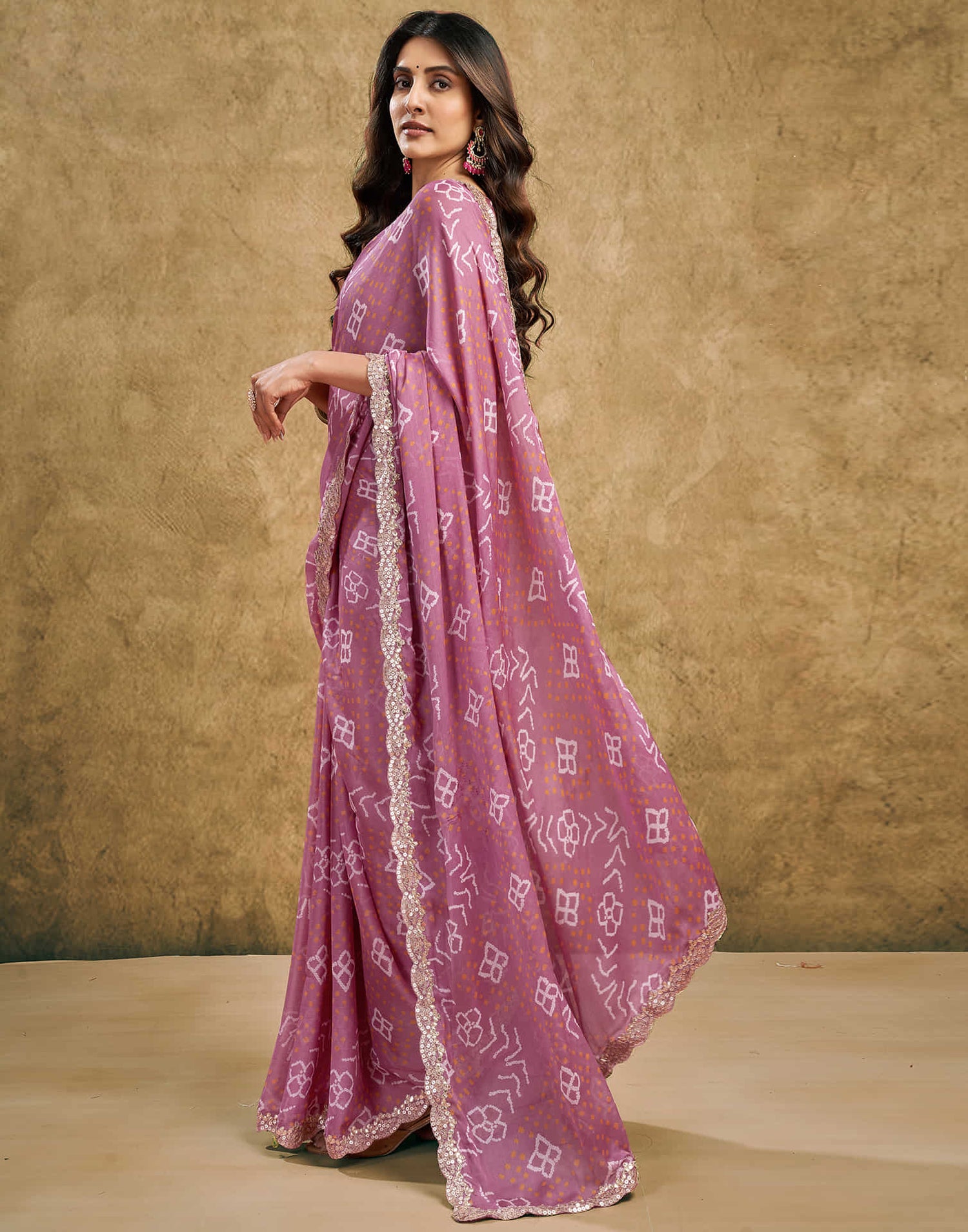 Dusty Pink Chiffon Printed Bandhani Saree