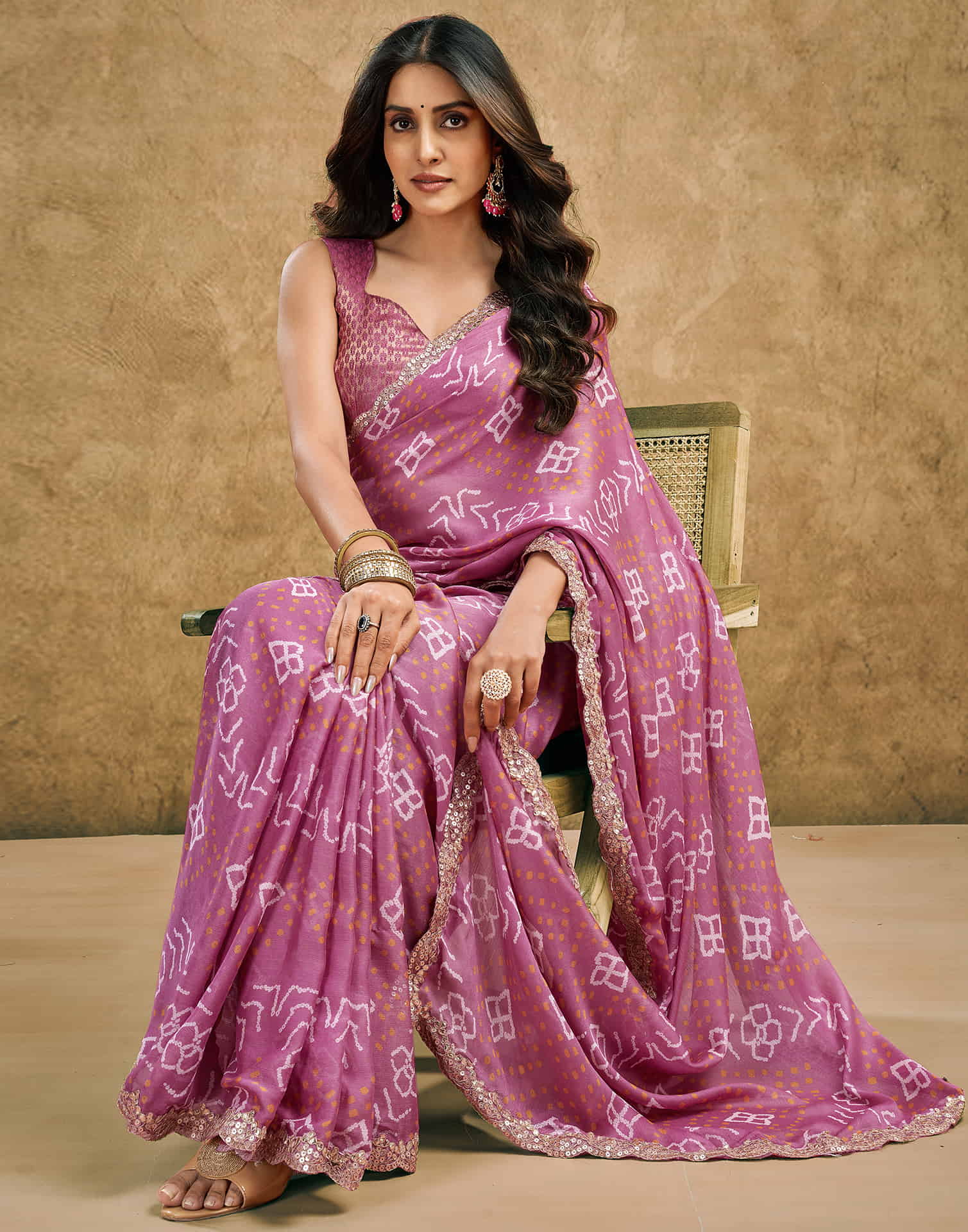 Dusty Pink Chiffon Printed Bandhani Saree