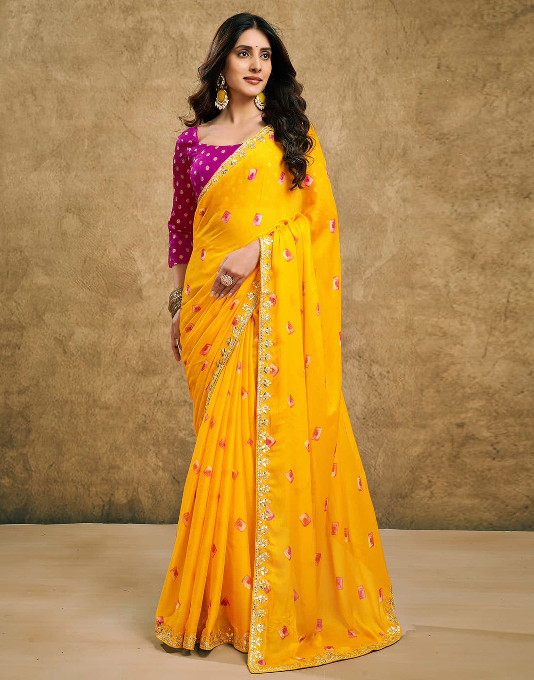 Yellow Chiffon Printed Bandhani Saree