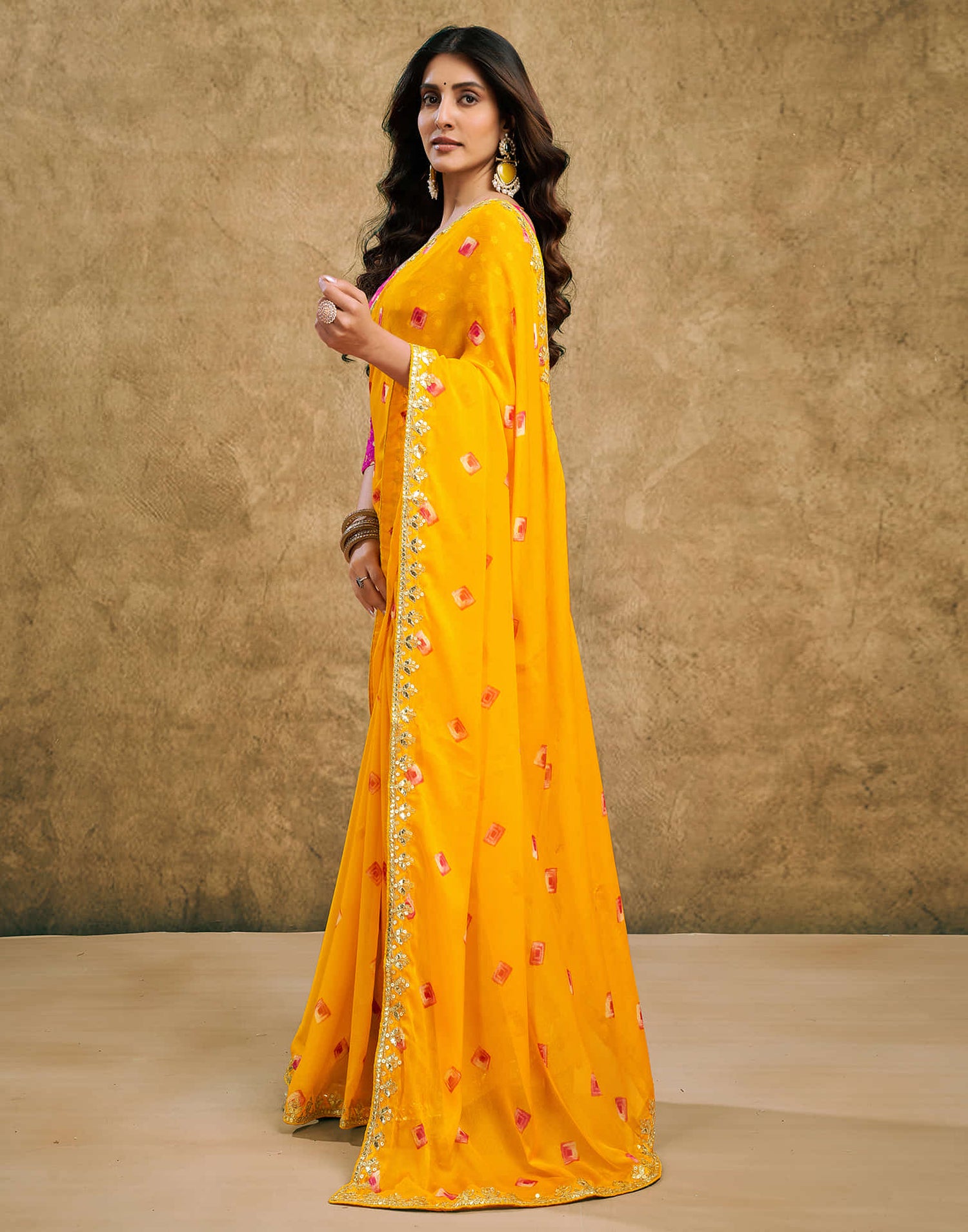 Yellow Chiffon Printed Bandhani Saree