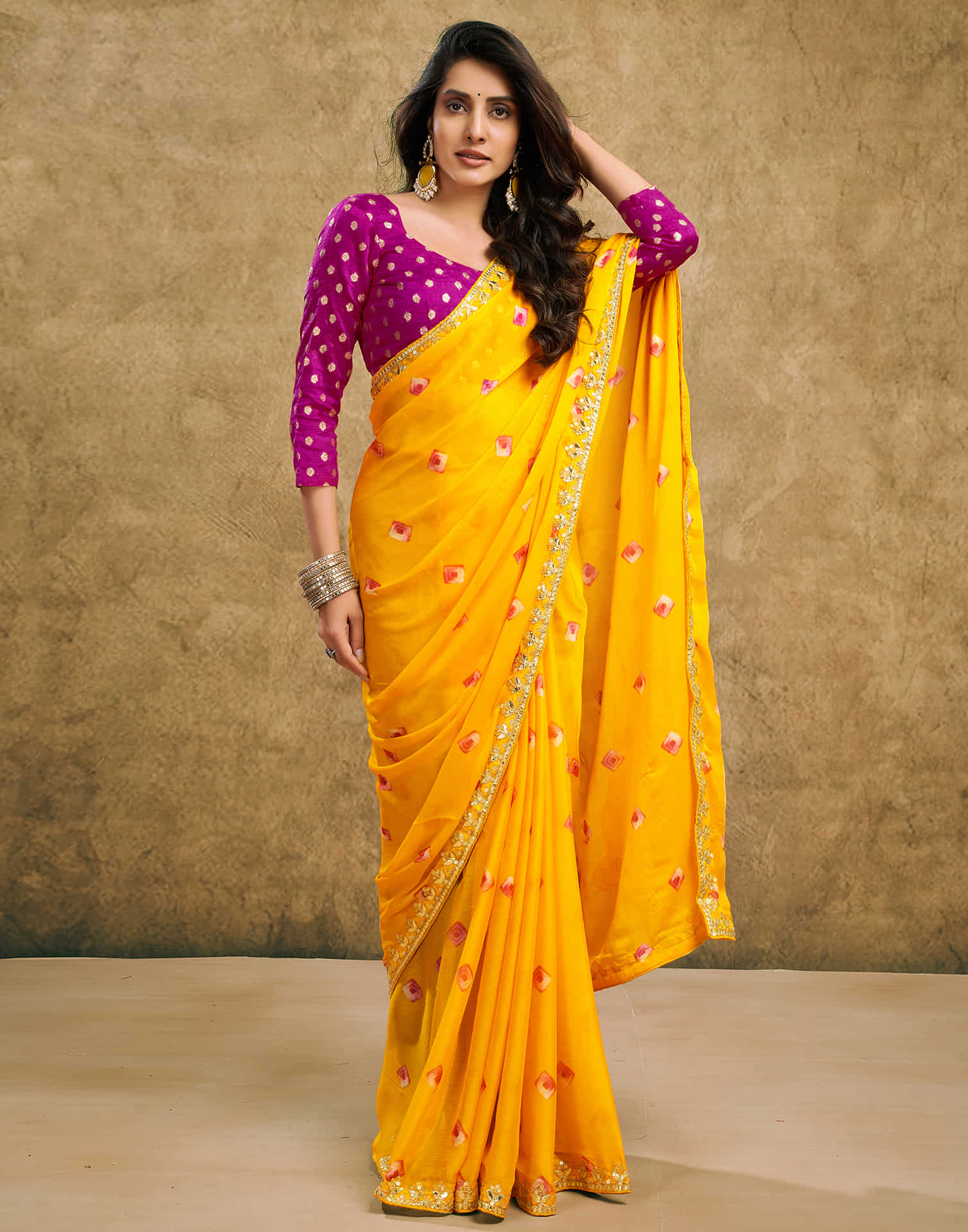 Yellow Chiffon Printed Bandhani Saree