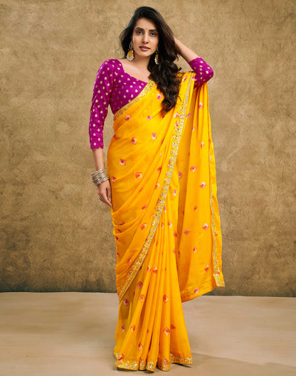 Yellow Chiffon Printed Bandhani Saree