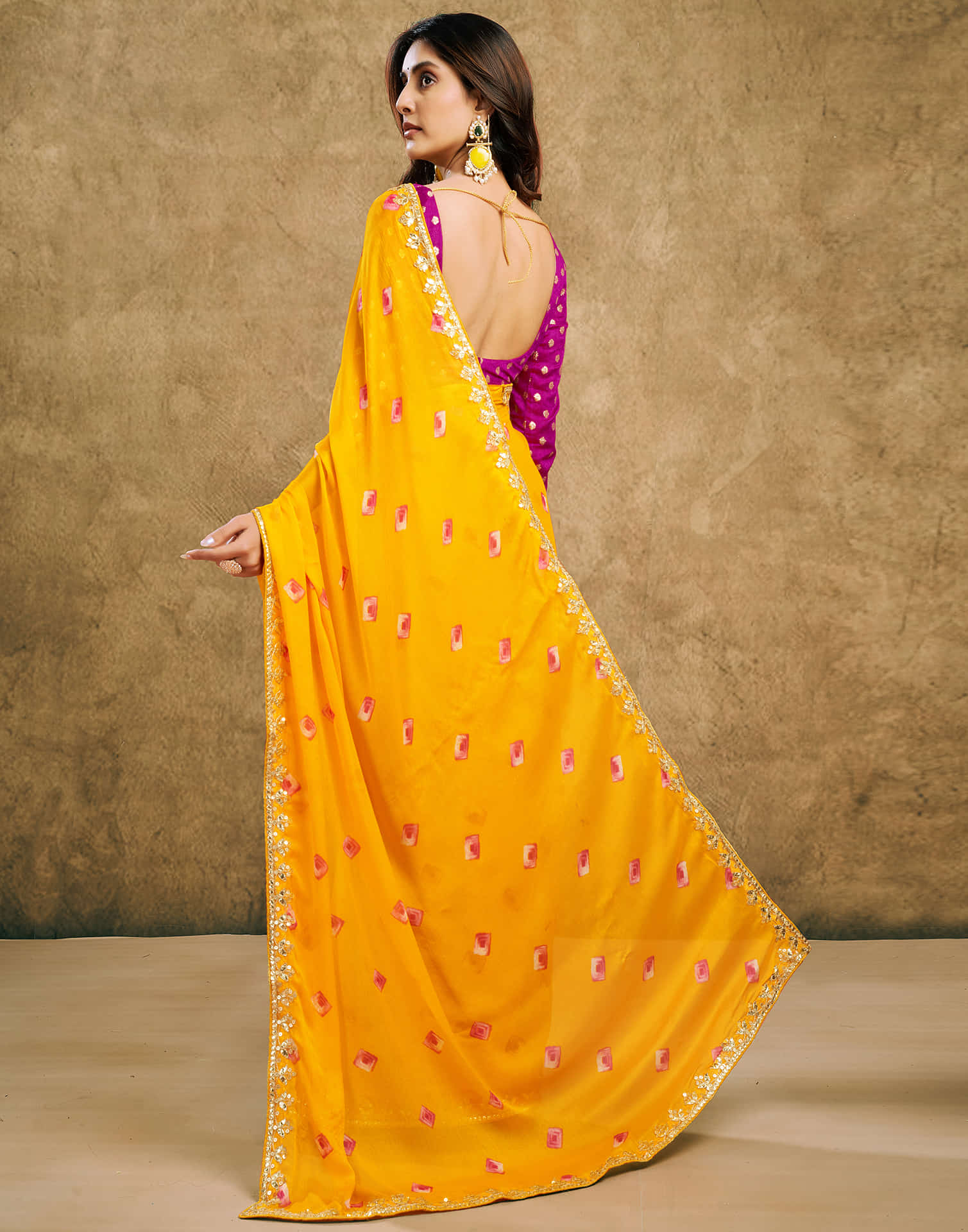 Yellow Chiffon Printed Bandhani Saree