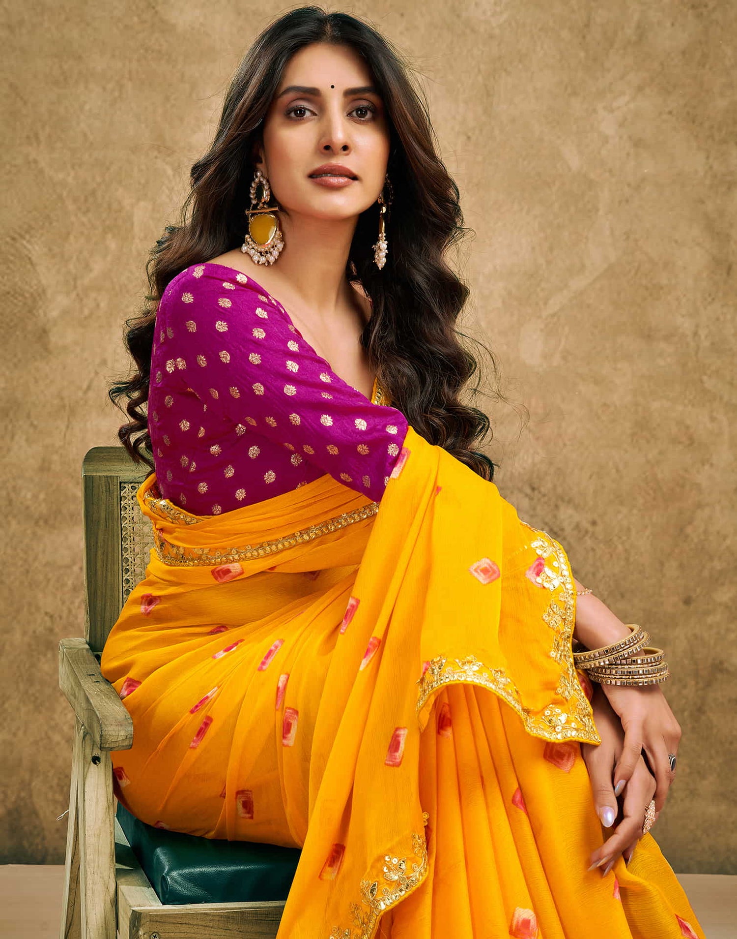 Yellow Chiffon Printed Bandhani Saree