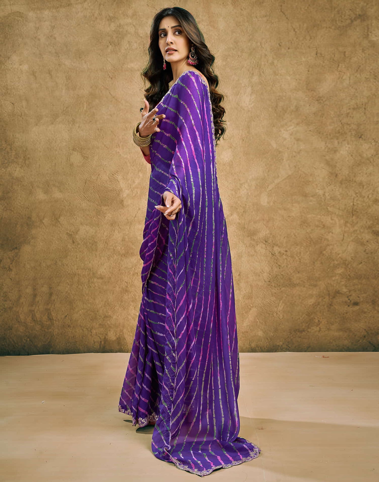 Violet Chiffon Printed Leheriya Saree