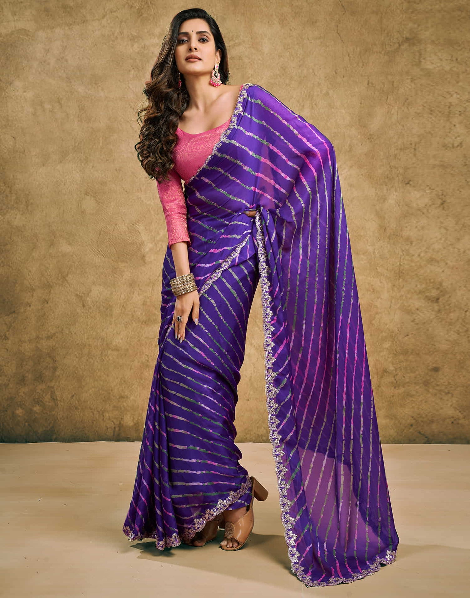 Violet Chiffon Printed Leheriya Saree