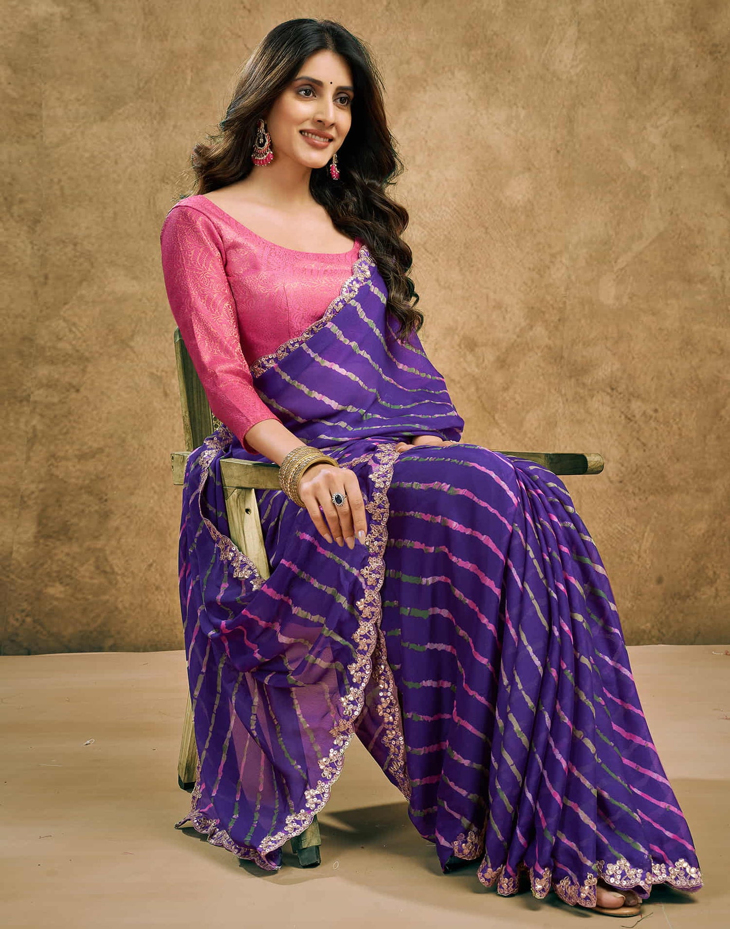 Violet Chiffon Printed Leheriya Saree